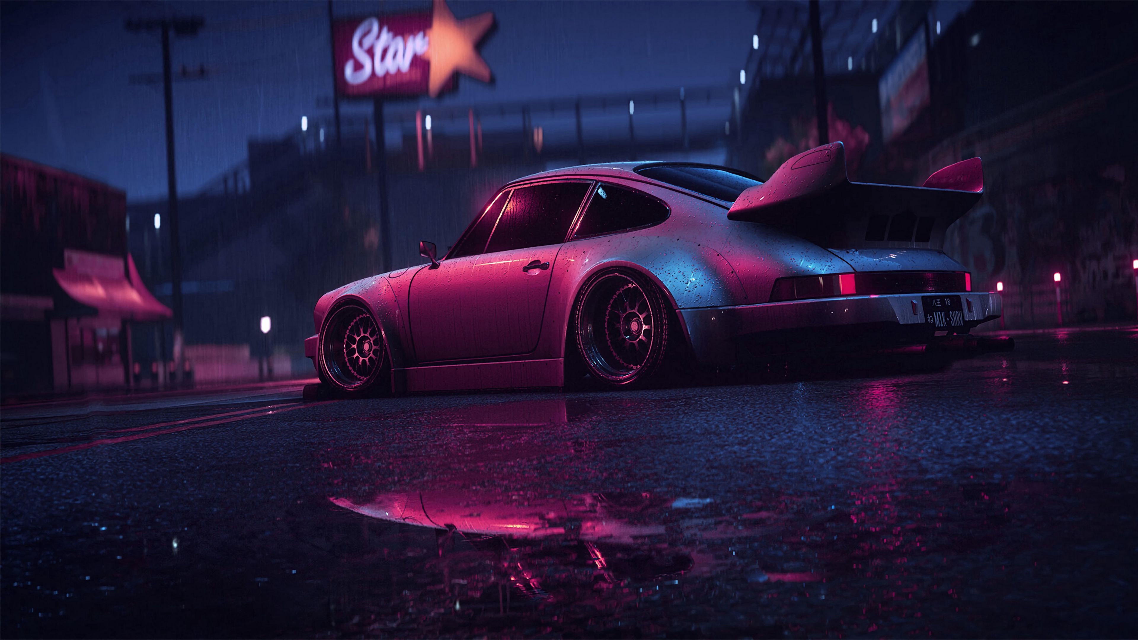 Download wallpaper 3840x2160 porsche 911 carrera rsr, porsche, sports car, old, tuning, night, neon 4k uhd 16:9 HD background