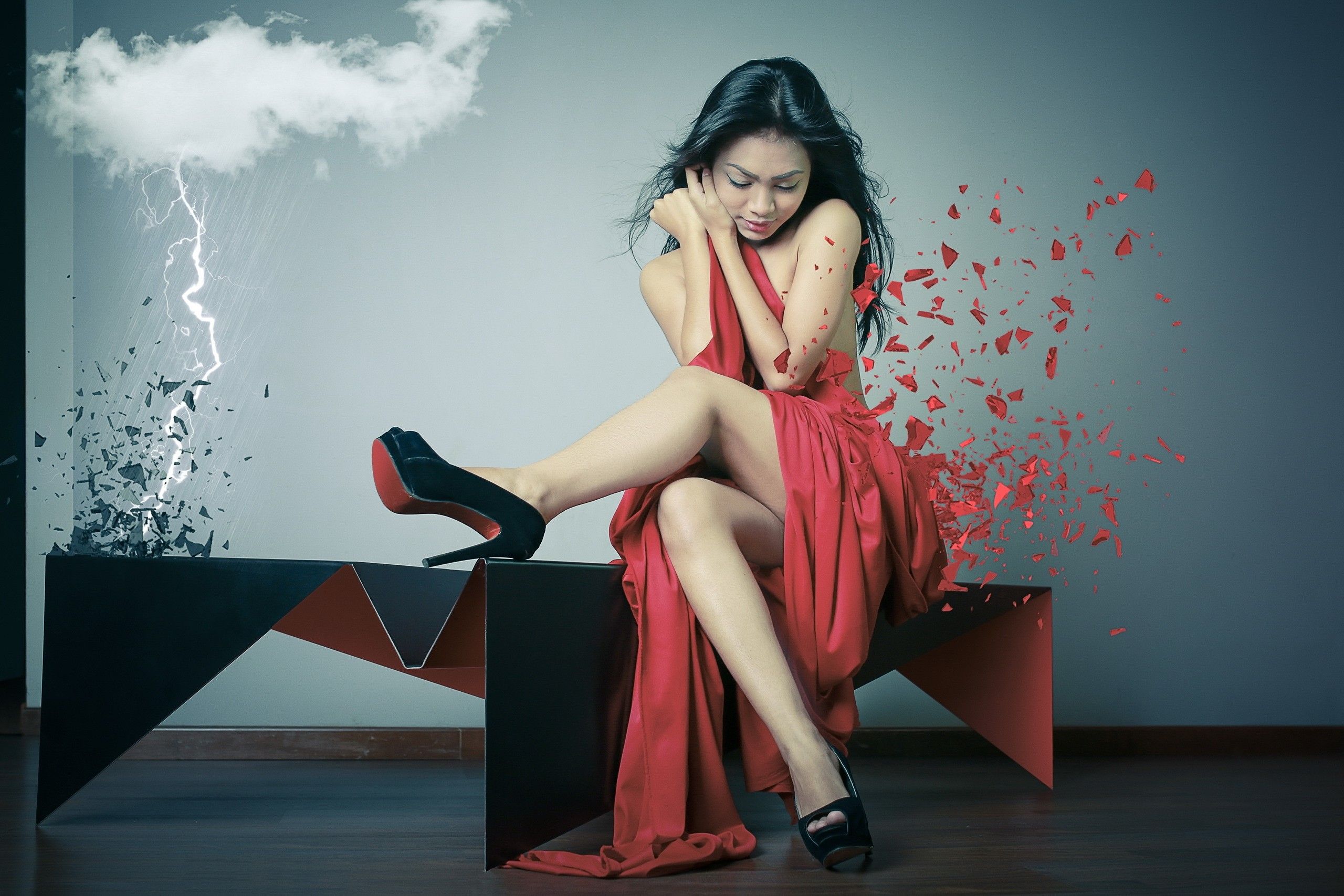 asian, high heels, Louboutin, legs, bare shoulders, sitting, photo manipulation, red dress, women wallpaper
