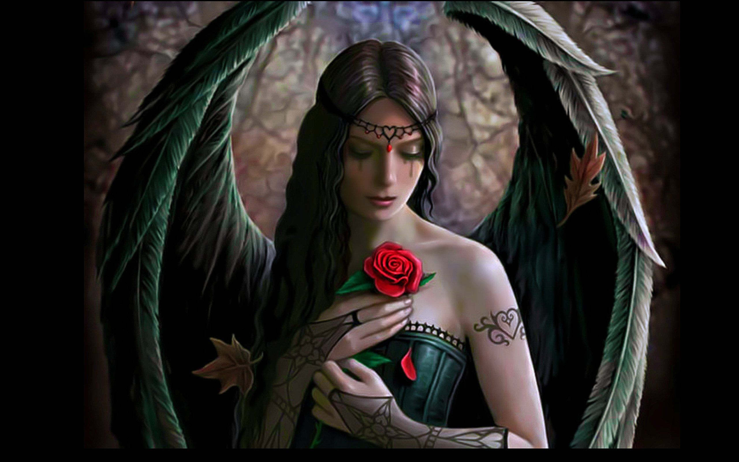 Angel wings fantasy girl beautiful rose flower wallpaperx1600