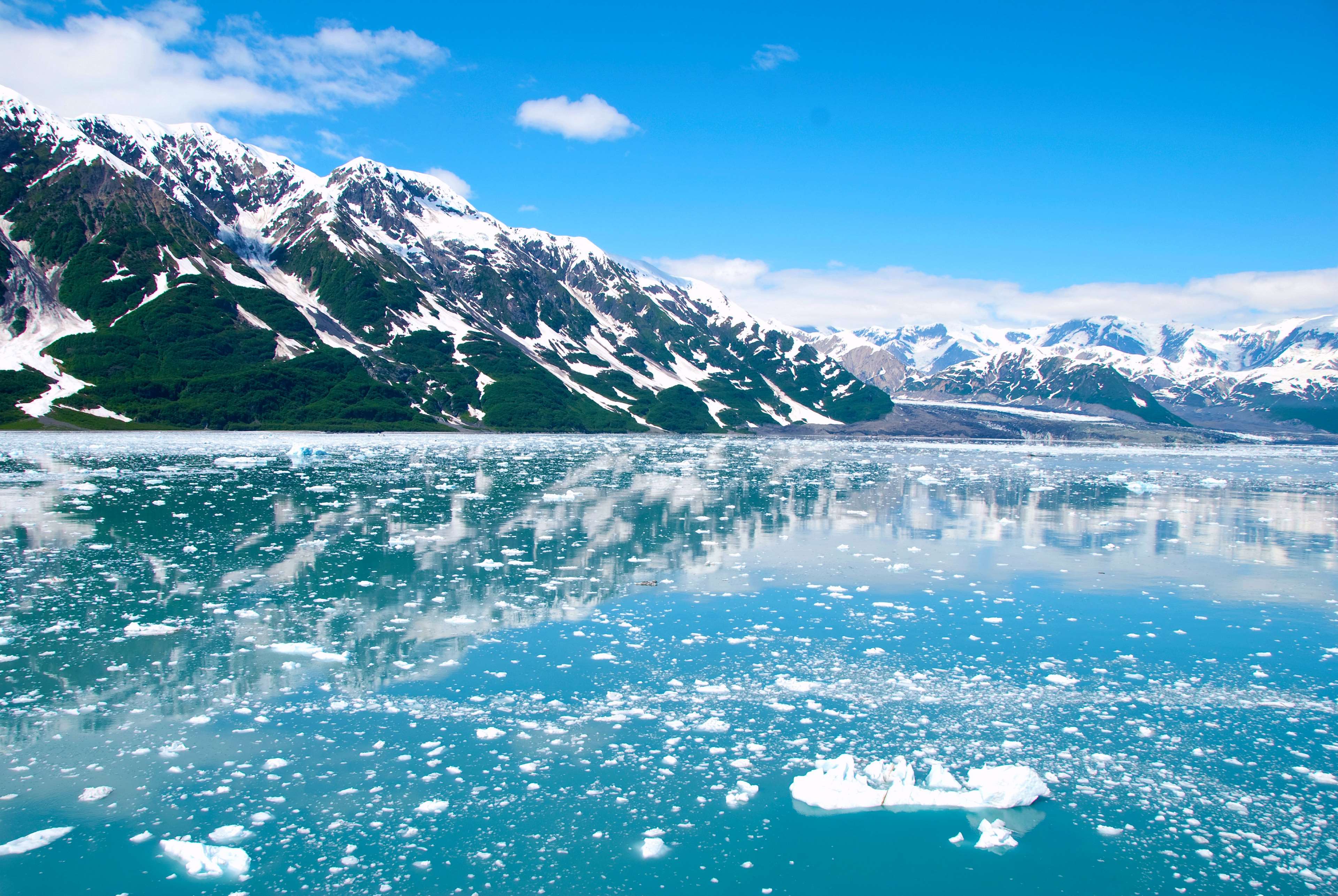 alaska, blue sky, cold, glacier, ice, landscape, mountains, nature, reflection, snow, water, winter 4k wallpaper