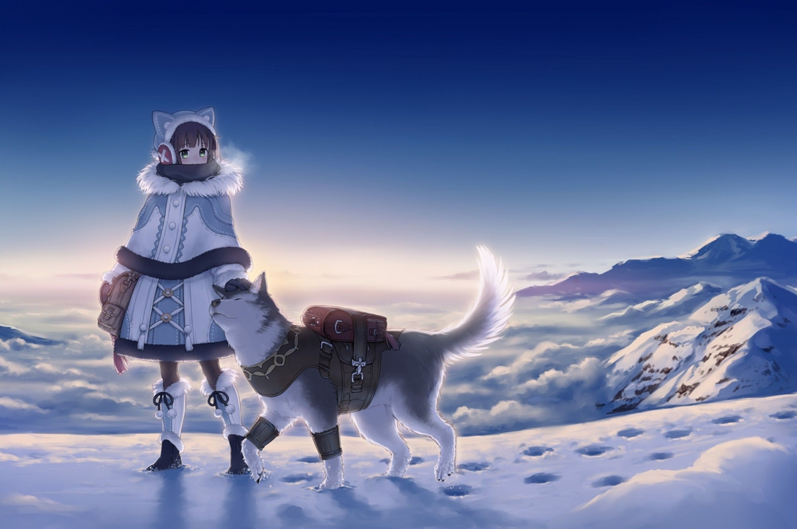 Download 2560x1700 Anime Girl, Winter, Wolf, Snow, Landscape, Clean Sky Wallpaper for Chromebook Pixel