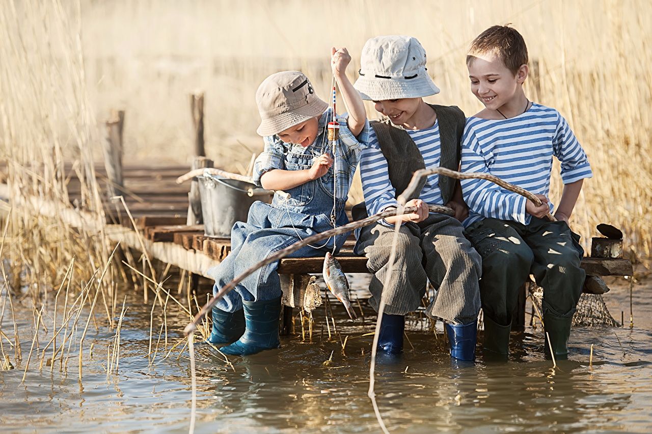Picture Boys Children Fishing Winter hat Sitting Three 3 1280x851