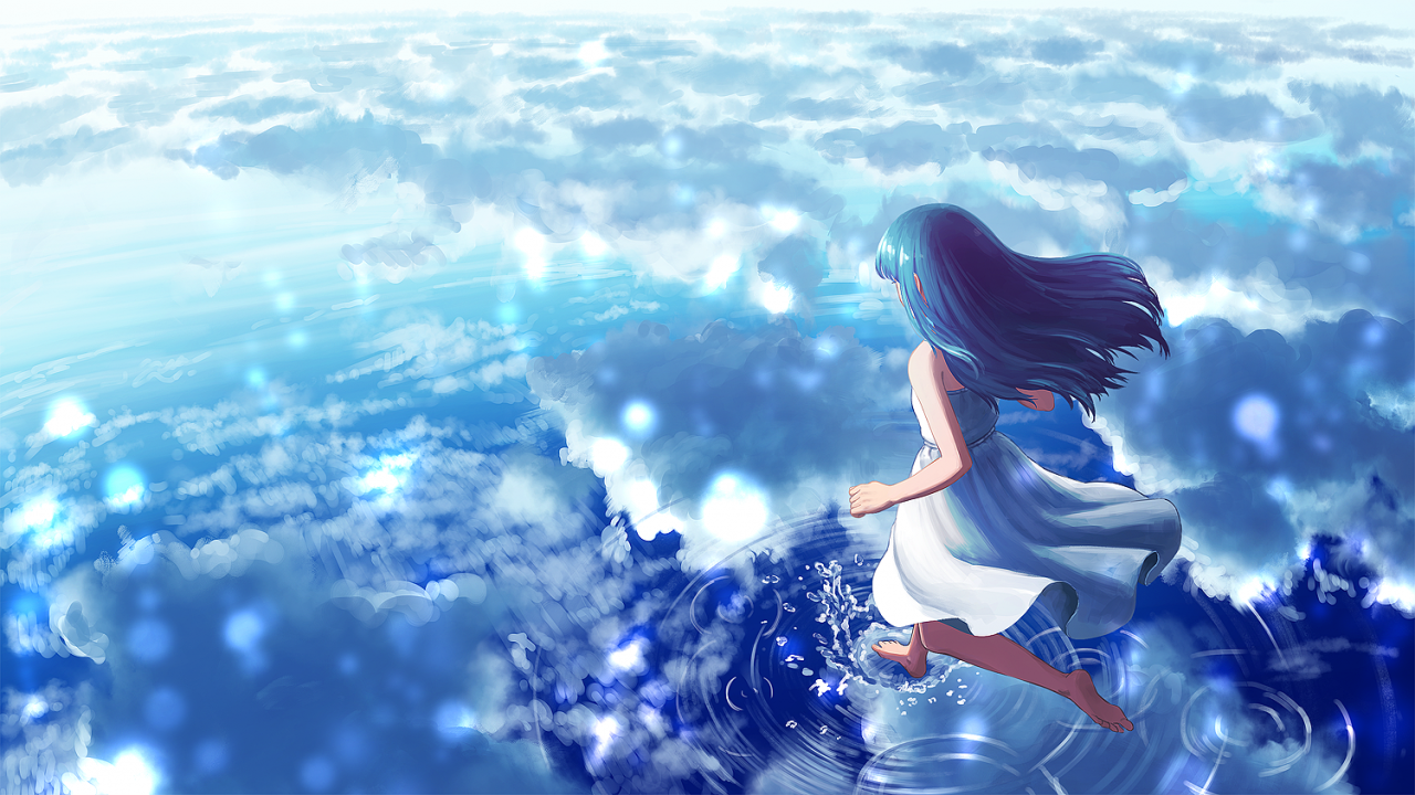 Download 1280x720 Anime Girl, Clouds, Water, Walking On Water Wallpaper