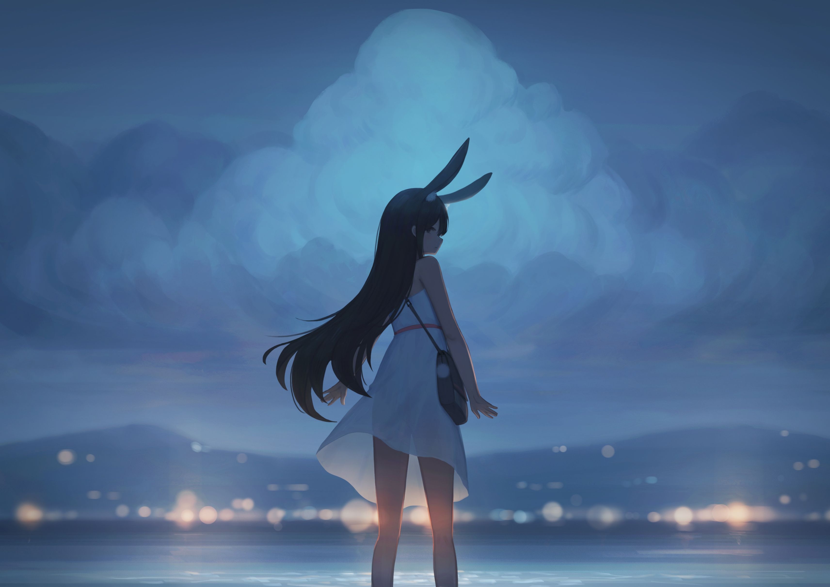Wallpaper, anime girls, clouds, bunny ears, water 3424x2421