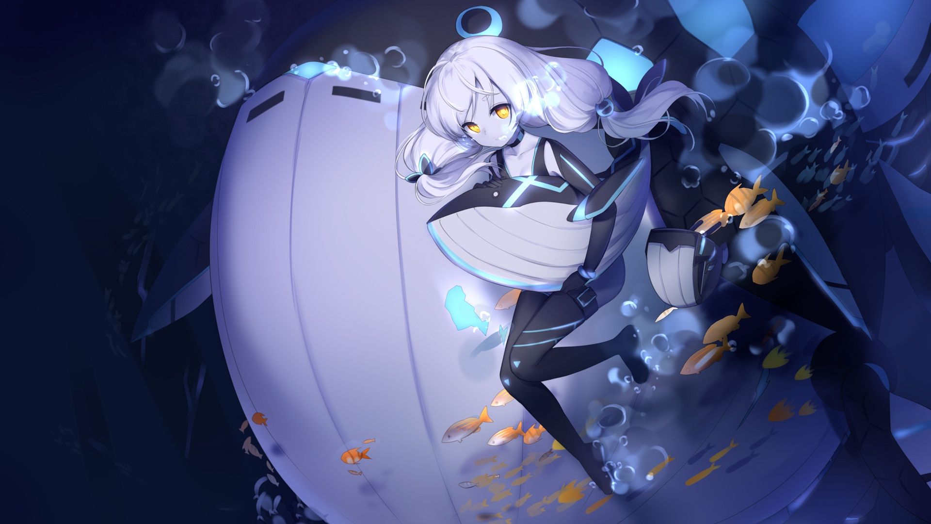 Download 1920x1080 Anime Girl, Underwater, Fishes, White Hair, Loli, Water Bubbles Wallpaper for Widescreen