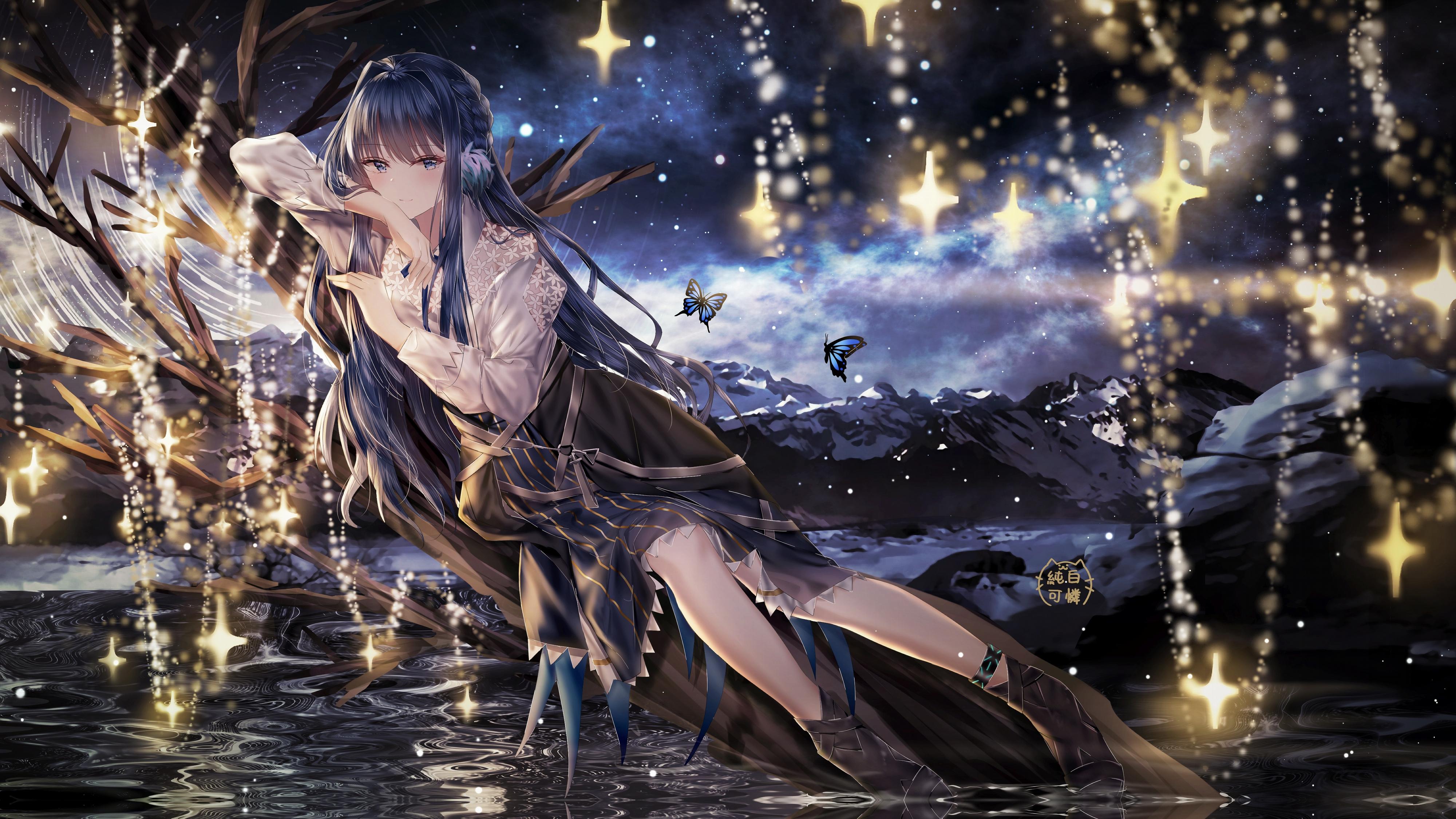 Beautiful anime girl lies on a tree near the water wallpaper and image, picture, photo