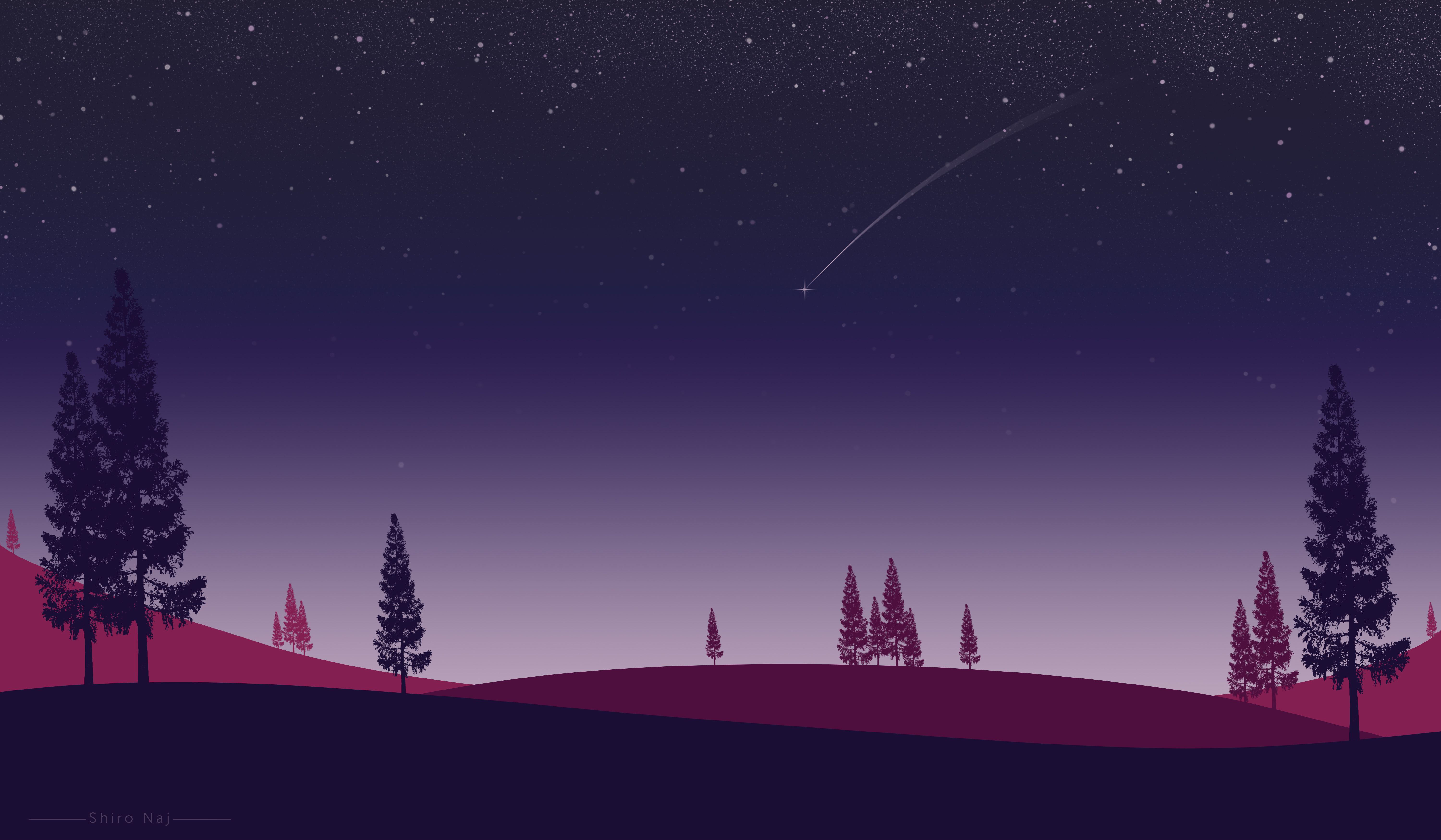 Night Trees Stars In Sky Minimalism Artwork 5k, HD Artist, 4k Wallpaper, Image, Background, Photo and Picture