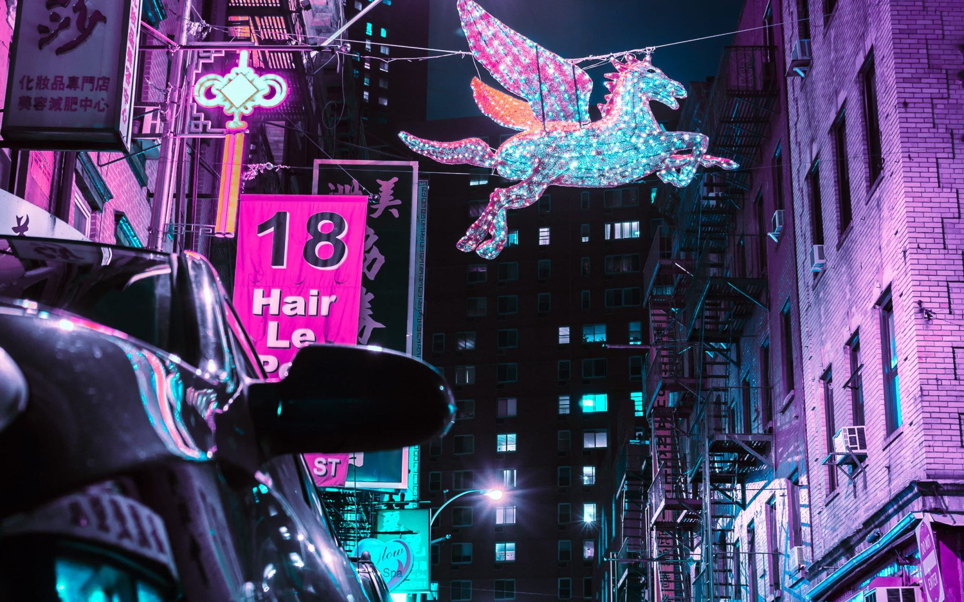 Unicorn wallpaper flying near road, street, sign, car, wing, neon, cyberpunk • Wallpaper For You HD Wallpaper For Desktop & Mobile