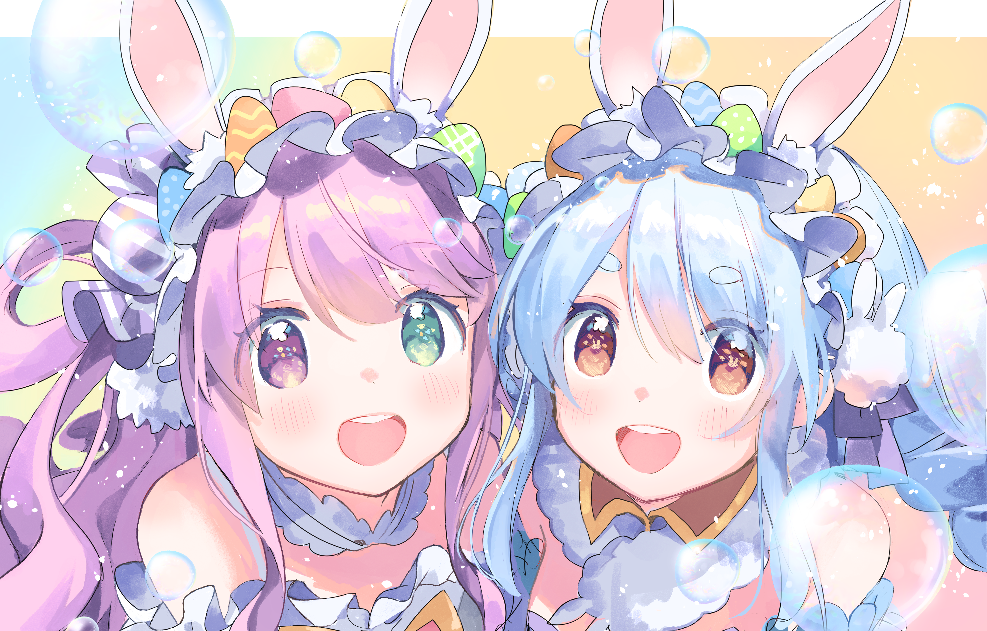 2girls animal ears bicolored eyes blue hair blush brown eyes bubbles bunny ears bunnygirl close cropped headband himemori luna hololive purple hair usada pekora zuho (vega). konachan.com.com Anime Wallpaper
