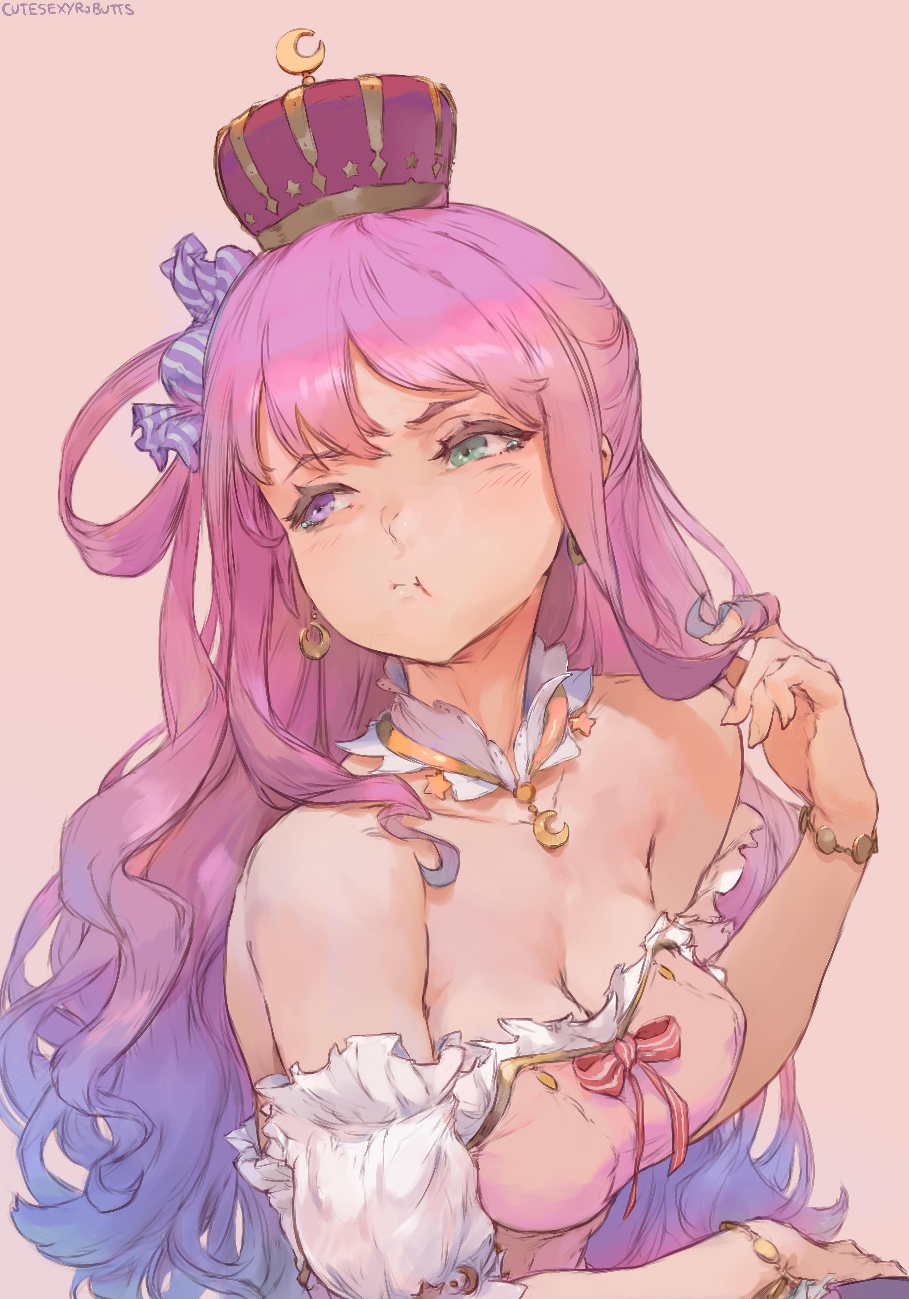 Wallpaper, Himemori Luna, Hololive, Virtual Youtuber, anime girls, pink hair, bangs, gradient hair, Looking at the side, angry, heterochromia, necklace, bare shoulders, cleavage, dress, portrait display, vertical, simple background, 2D, artwork