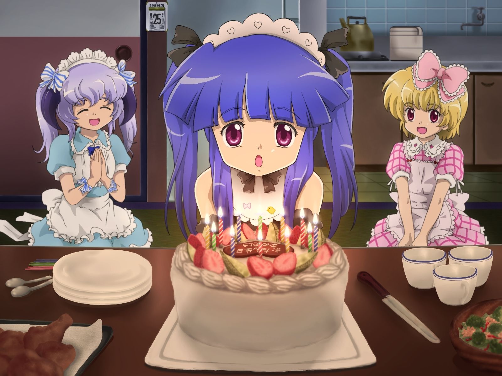 Wallpaper, anime, girls, party, cake, candles, waiting 1600x1200