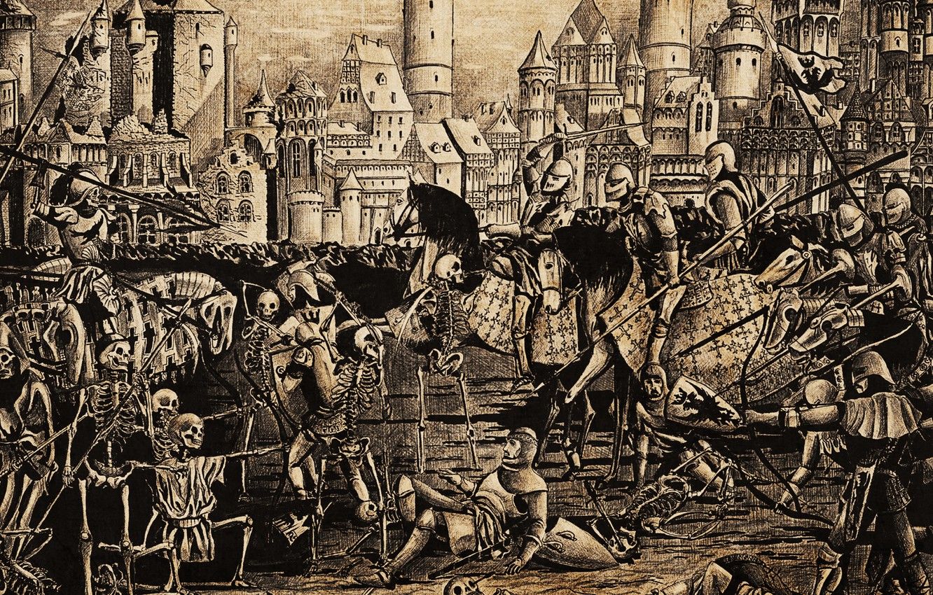 Wallpaper war, armor, battle, The battle, skull, fortress, painting, horror, the middle ages, knights, skeletons, locks, pencil drawing, Parsadanov image for desktop, section живопись