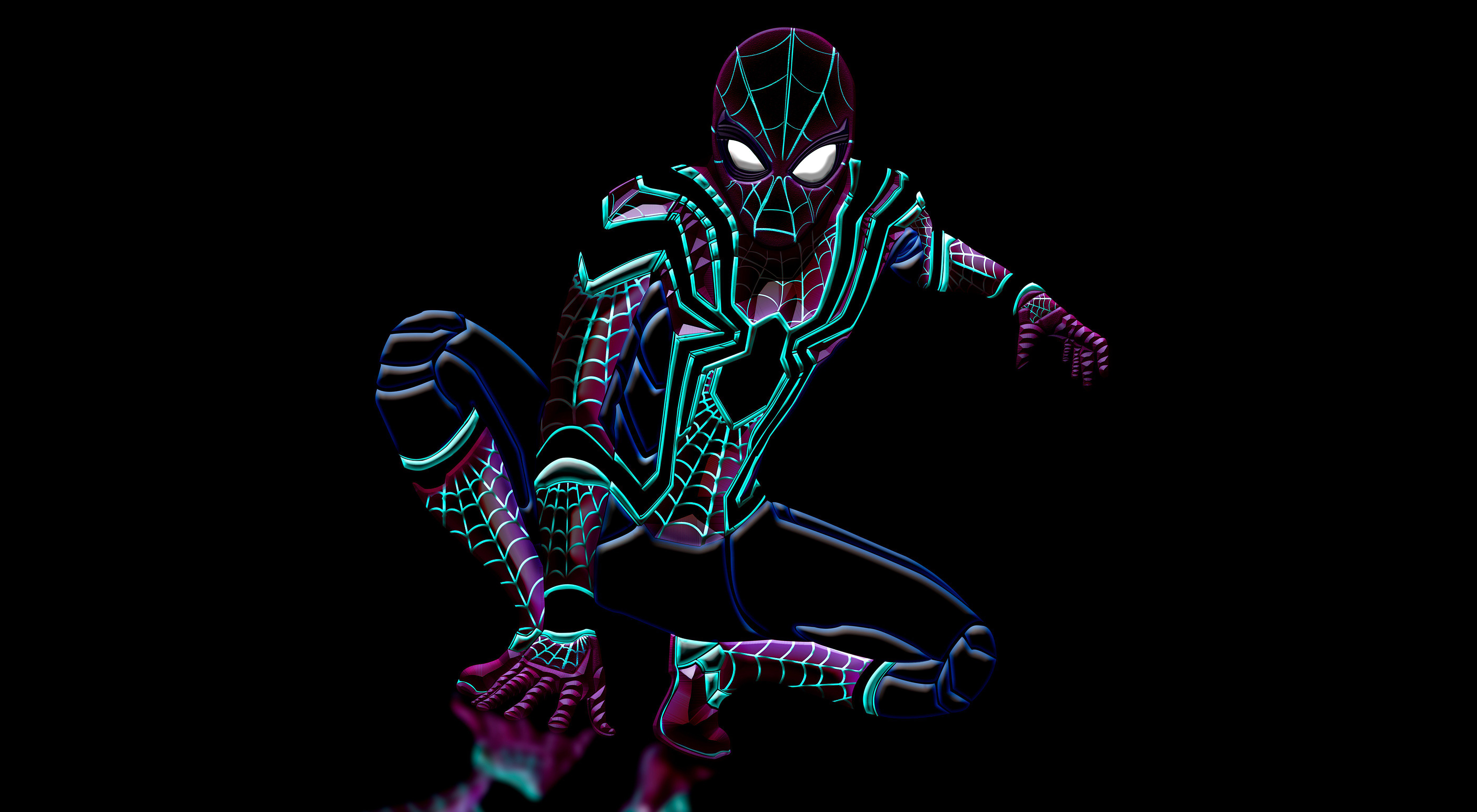 Spider Man 4K Wallpaper, Neon Art, Black Background, Marvel Superheroes, 5K, Graphics CGI