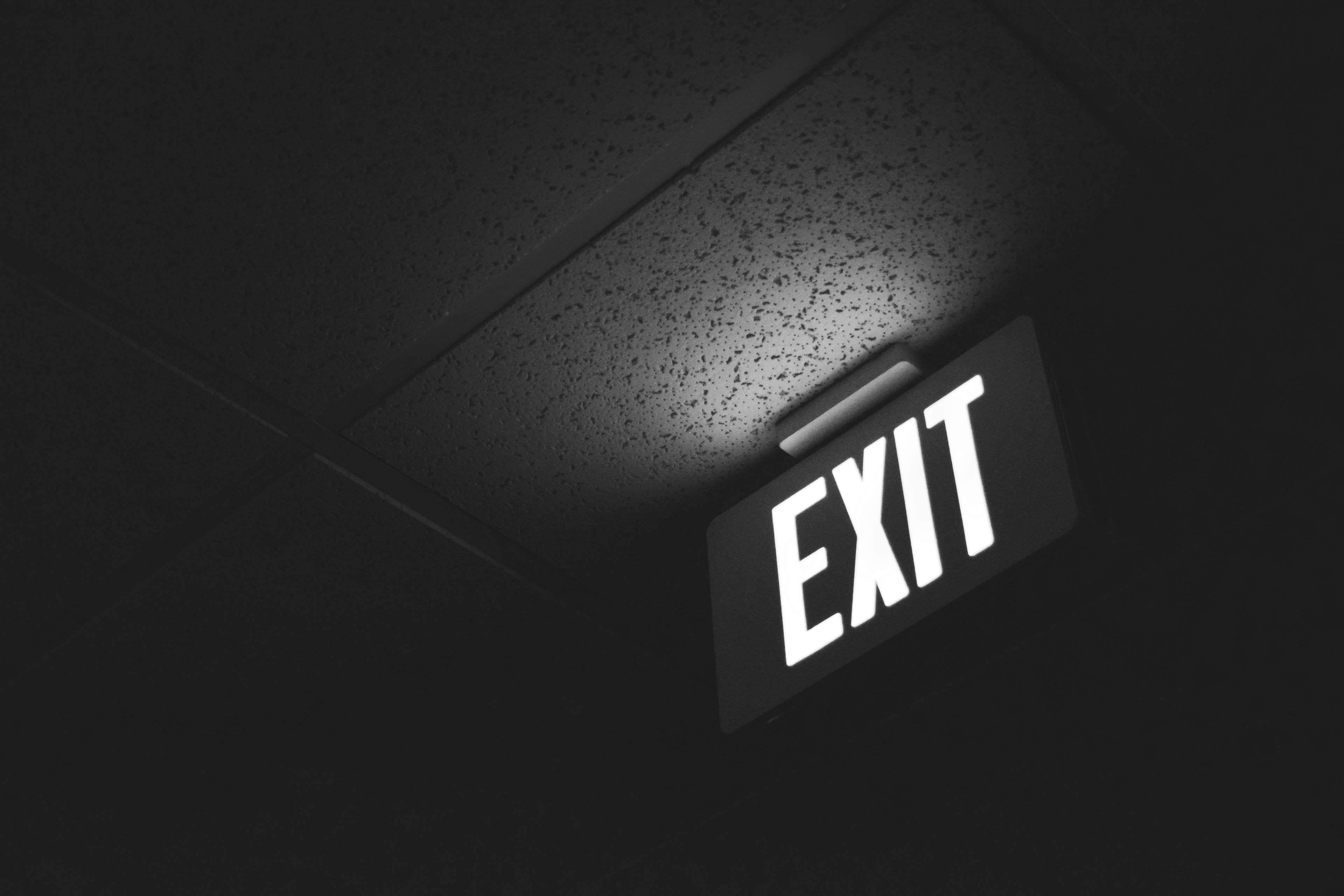 black and white, ceiling, exit, glowing, light, neon, office, sign 4k wallpaper