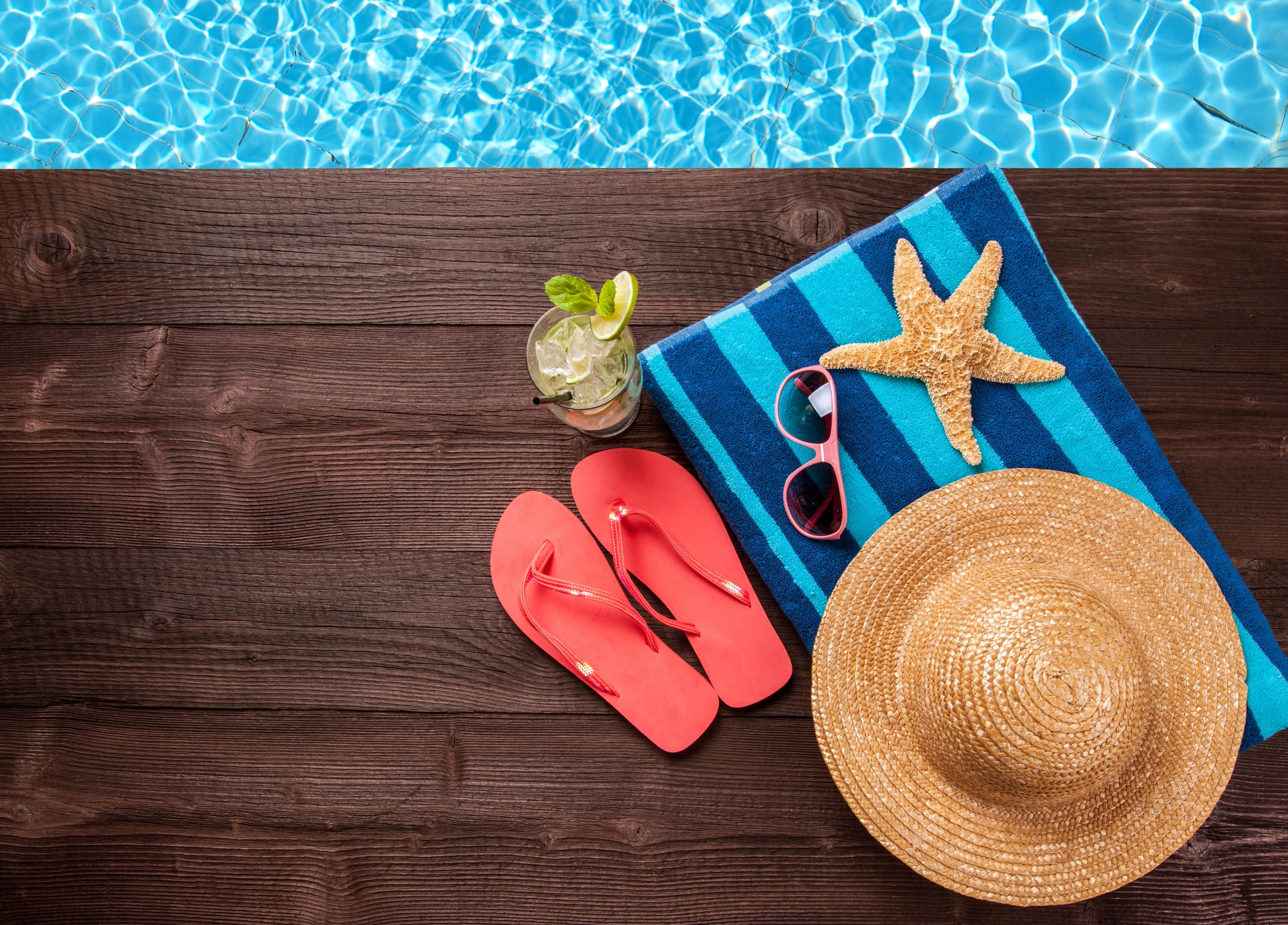 hat, vacation, summer, water, beach, Pool wallpaper