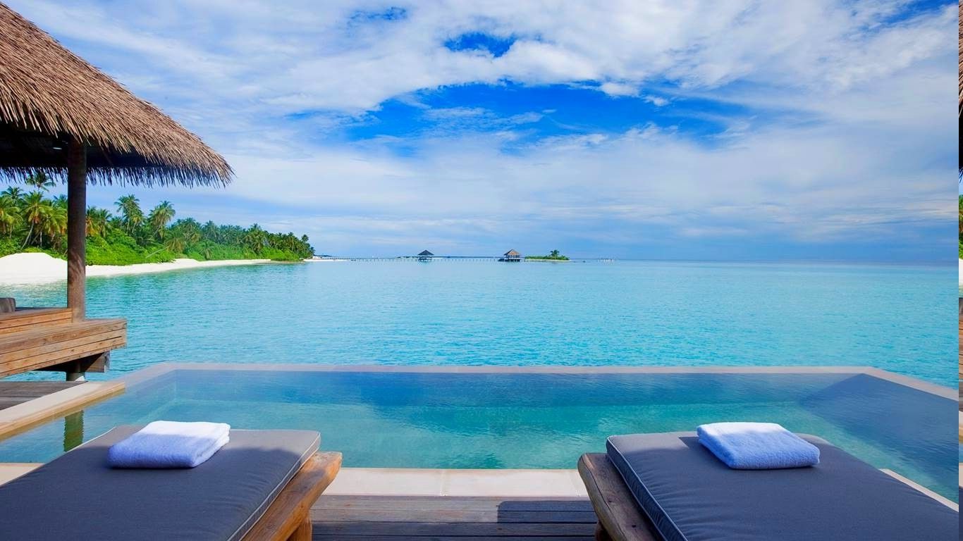 swimming Pool, Beach, Resort, Sea, Palm Trees, Tropical, Maldives, Water, Clouds, Summer, Nature, Landscape Wallpaper HD / Desktop and Mobile Background