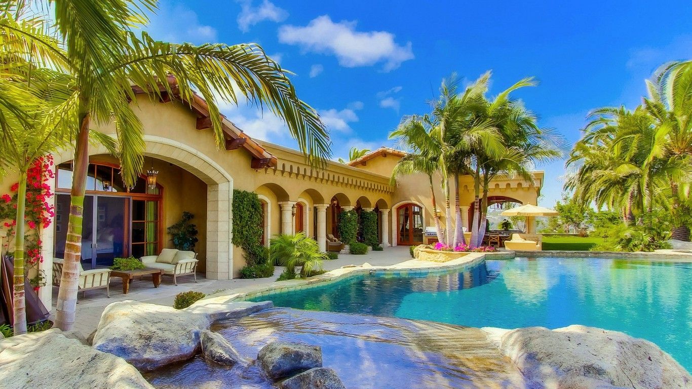 summer villa houses beautiful pools photography palm trees HD free wallpaper