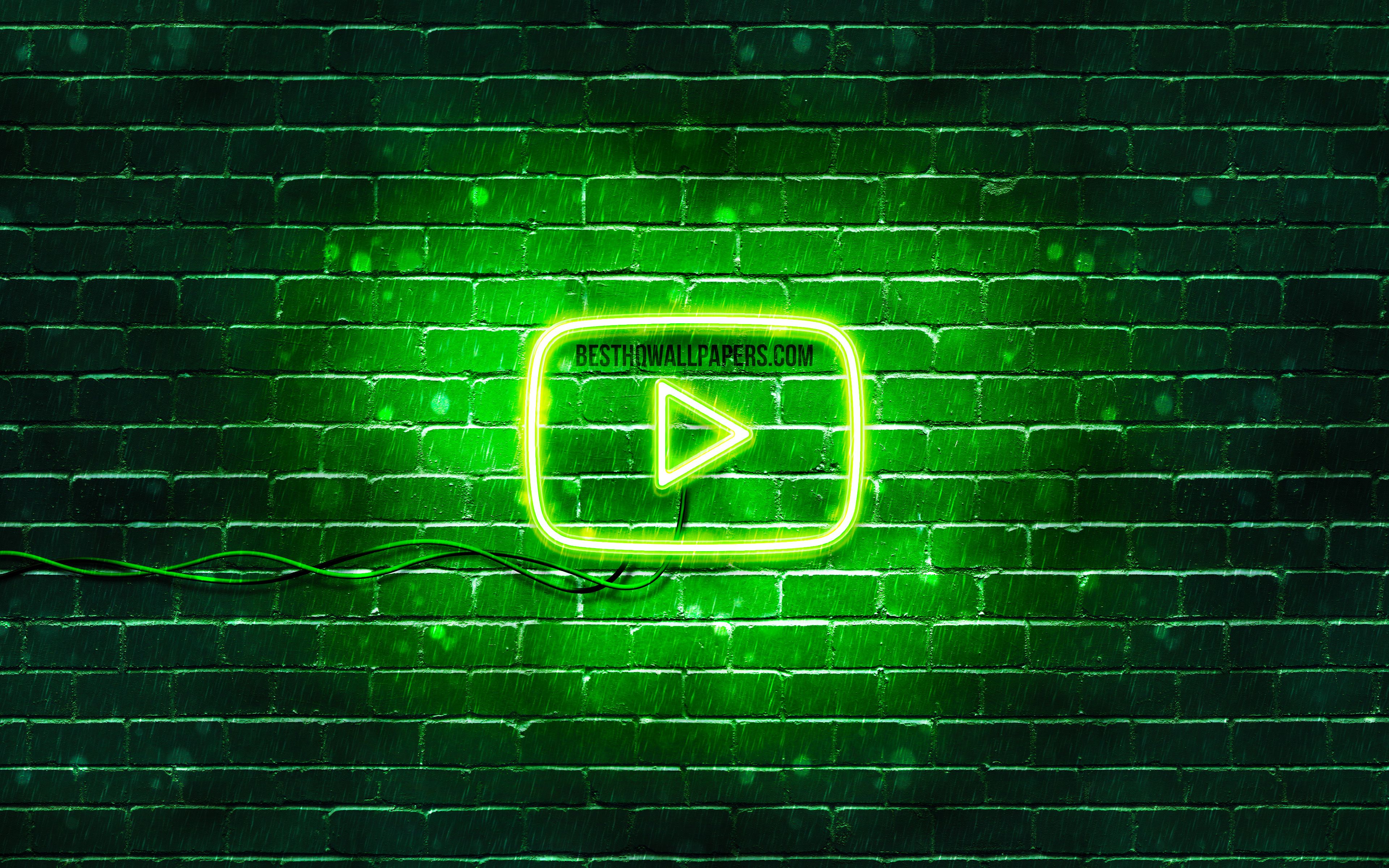 Download wallpaper Youtube green logo, 4k, green brickwall, Youtube logo, brands, Youtube neon logo, Youtube for desktop with resolution 3840x2400. High Quality HD picture wallpaper