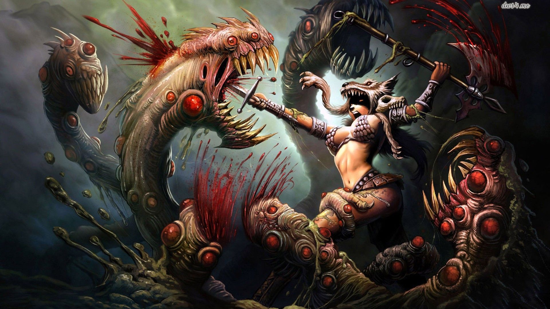 Woman Warrior Battling The Three Headed Monster 1280x800 Fantasy Wallpaper 24536, Wallpaper13.com