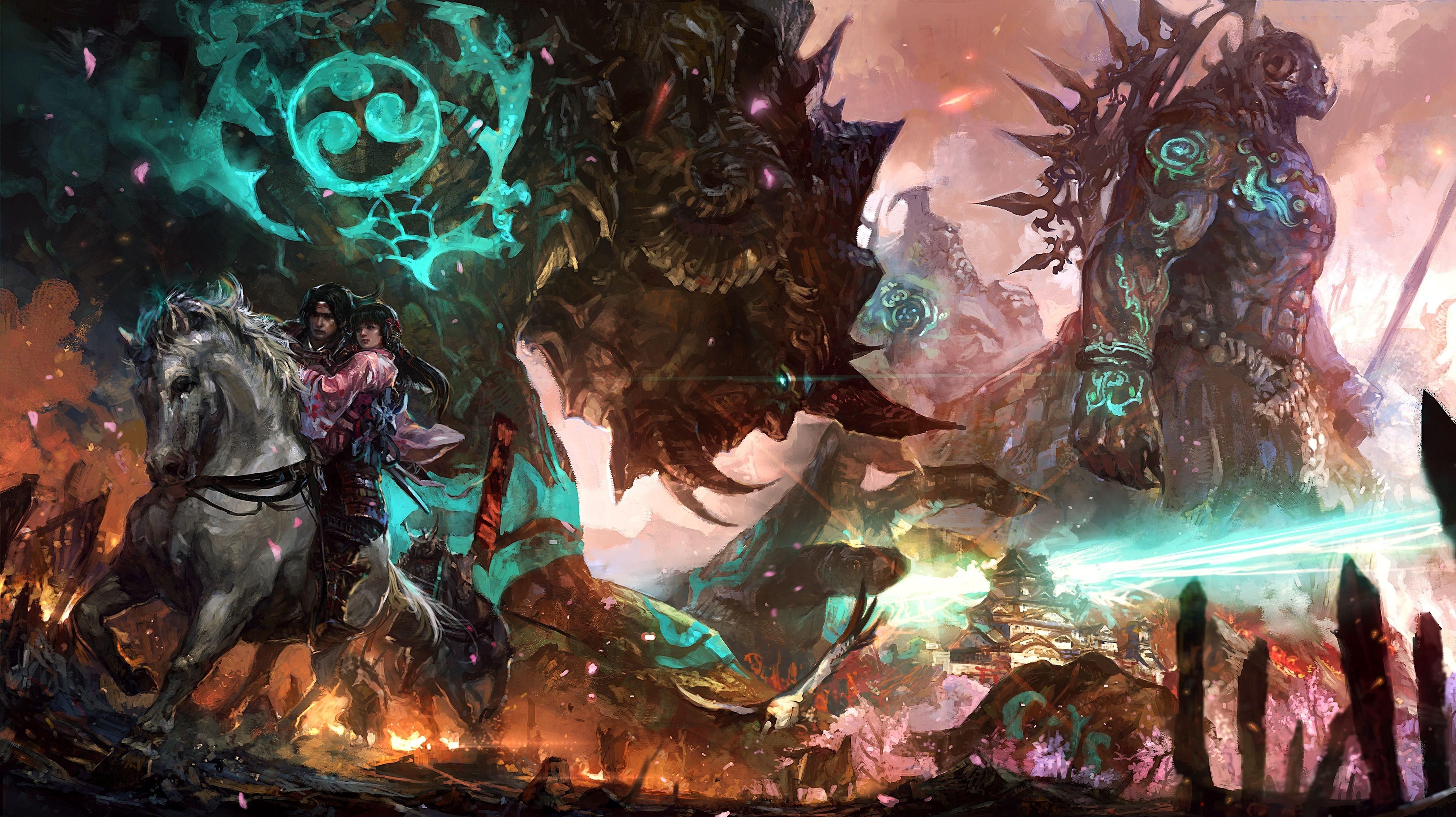 Wallpaper, substantive, rider, monster, girl, horse, destruction, fire 4385x2460