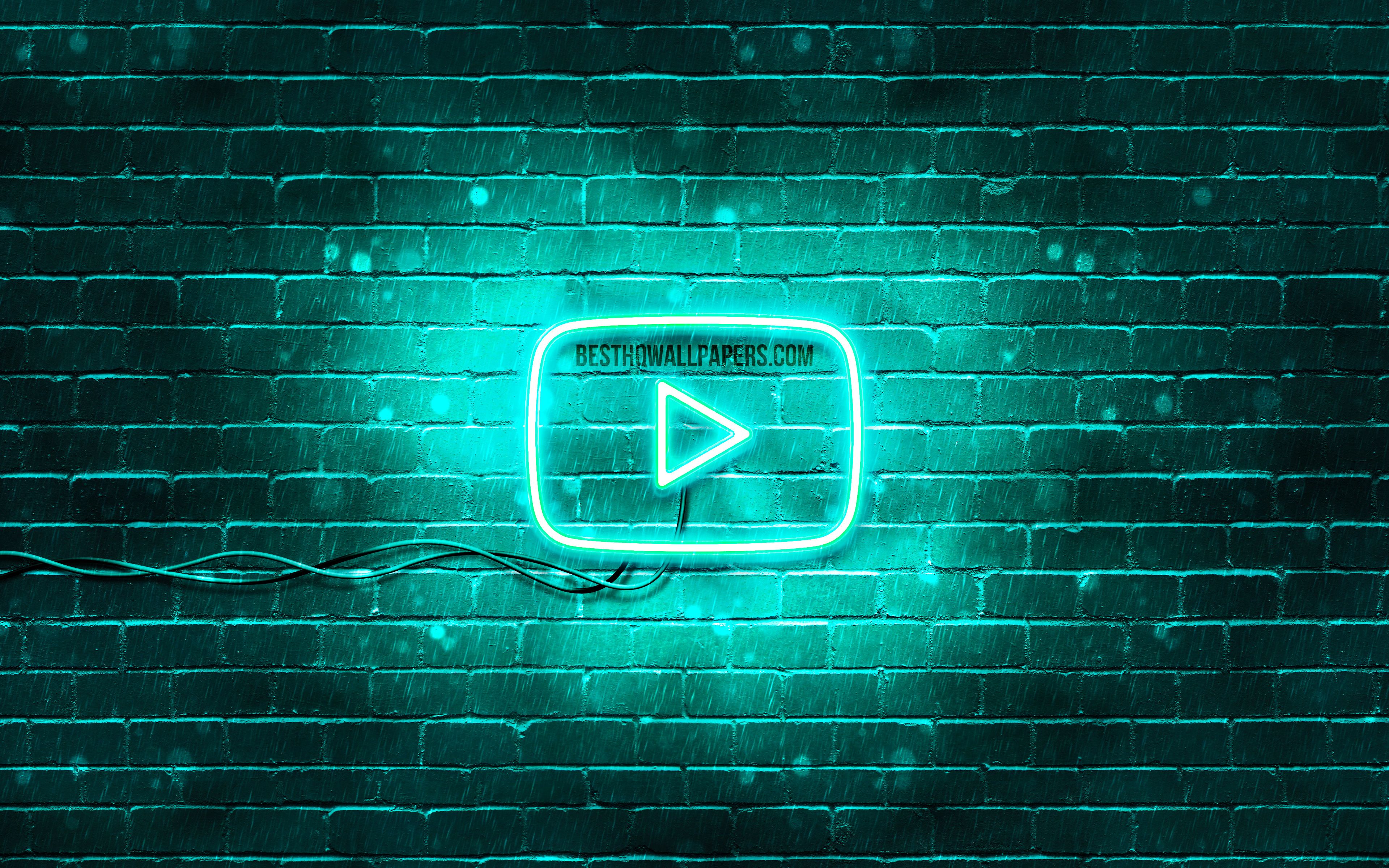 Download wallpaper Youtube turquoise logo, 4k, turquoise brickwall, Youtube logo, brands, Youtube neon logo, Youtube for desktop with resolution 3840x2400. High Quality HD picture wallpaper