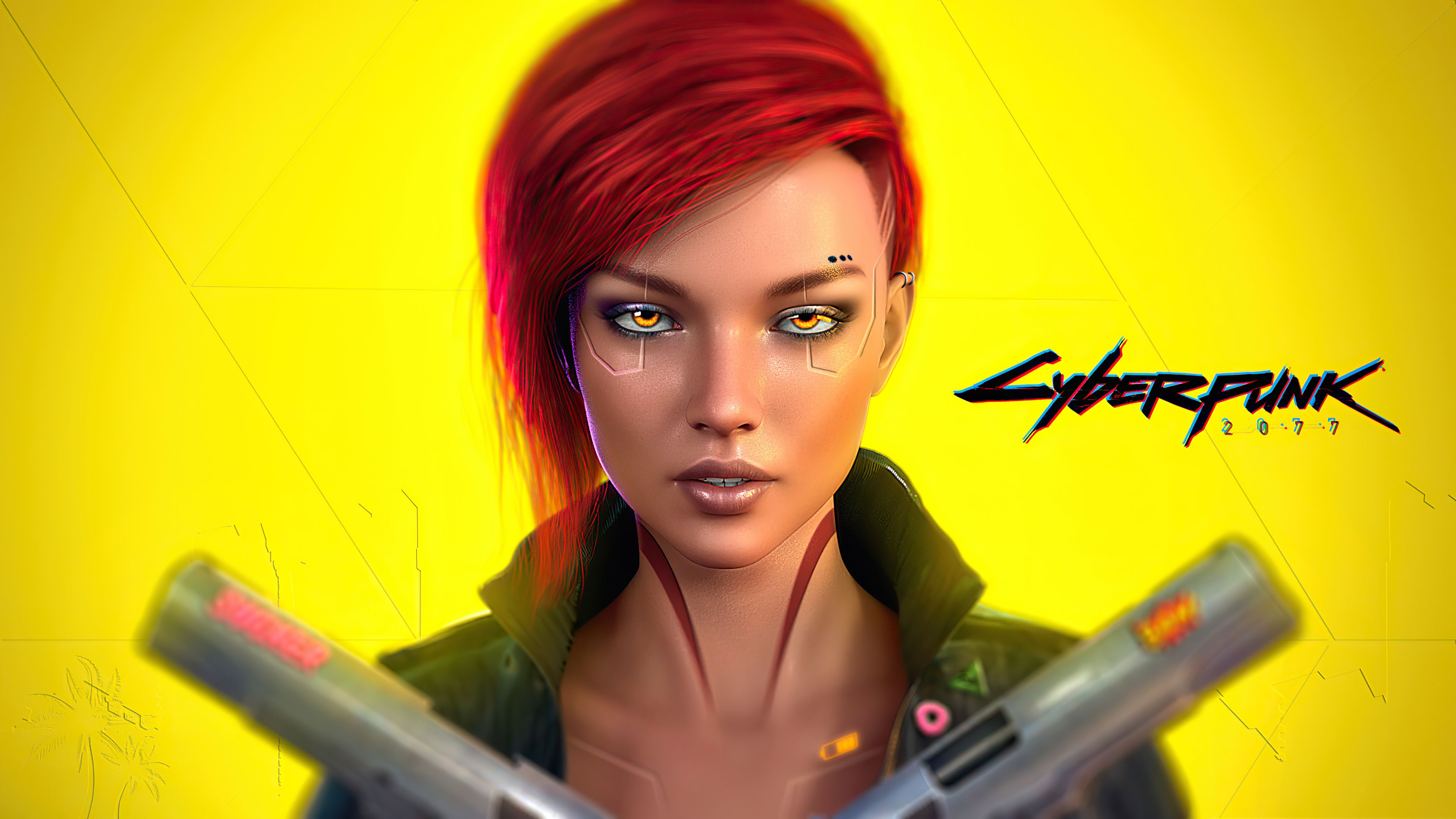 Female V 4K Wallpaper, Cyberpunk Cover Art, Yellow background, PlayStation Games