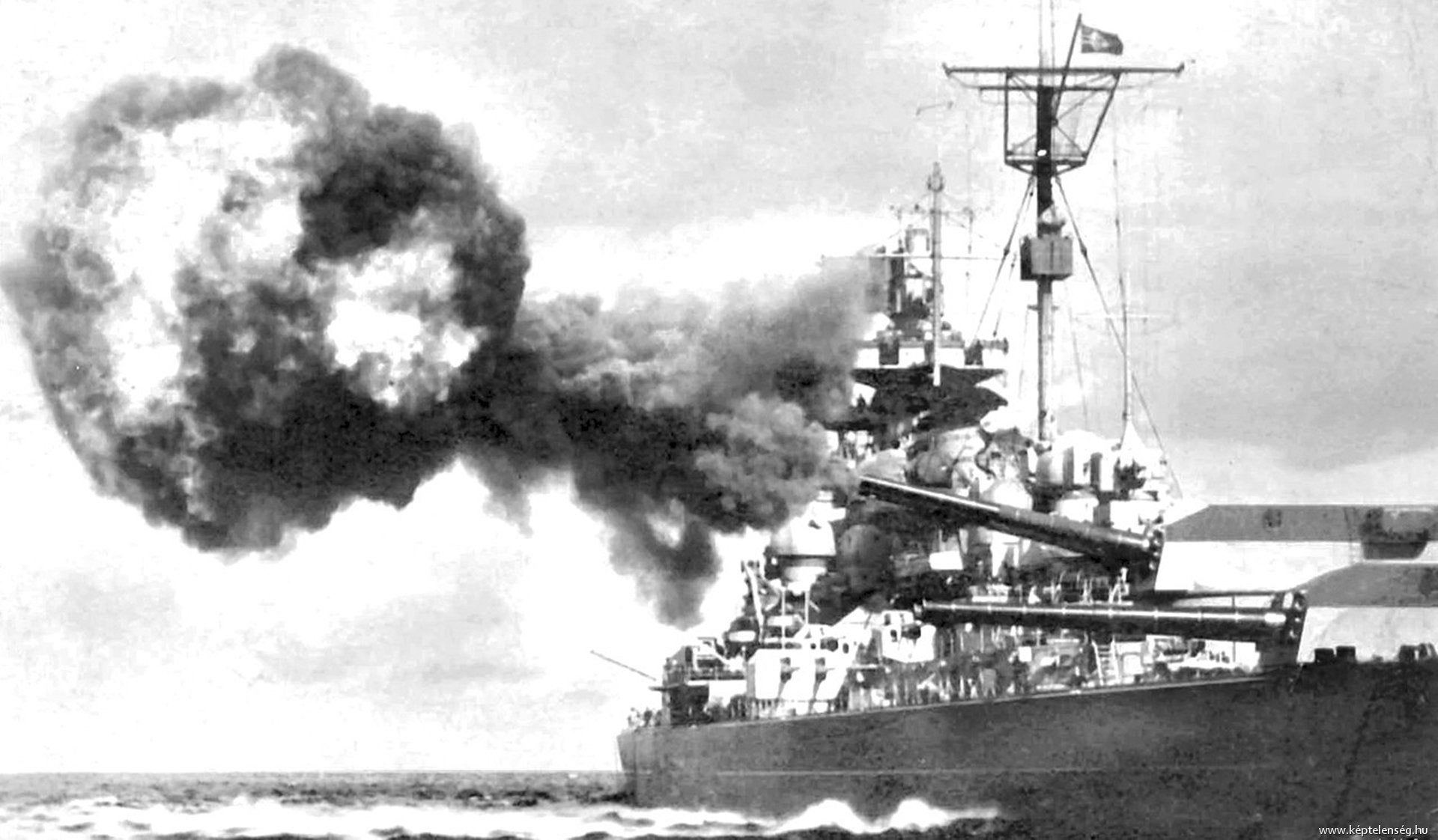 German battleship Tirpitz firing in the Baltic Sea, 1941 [920 x 122]
