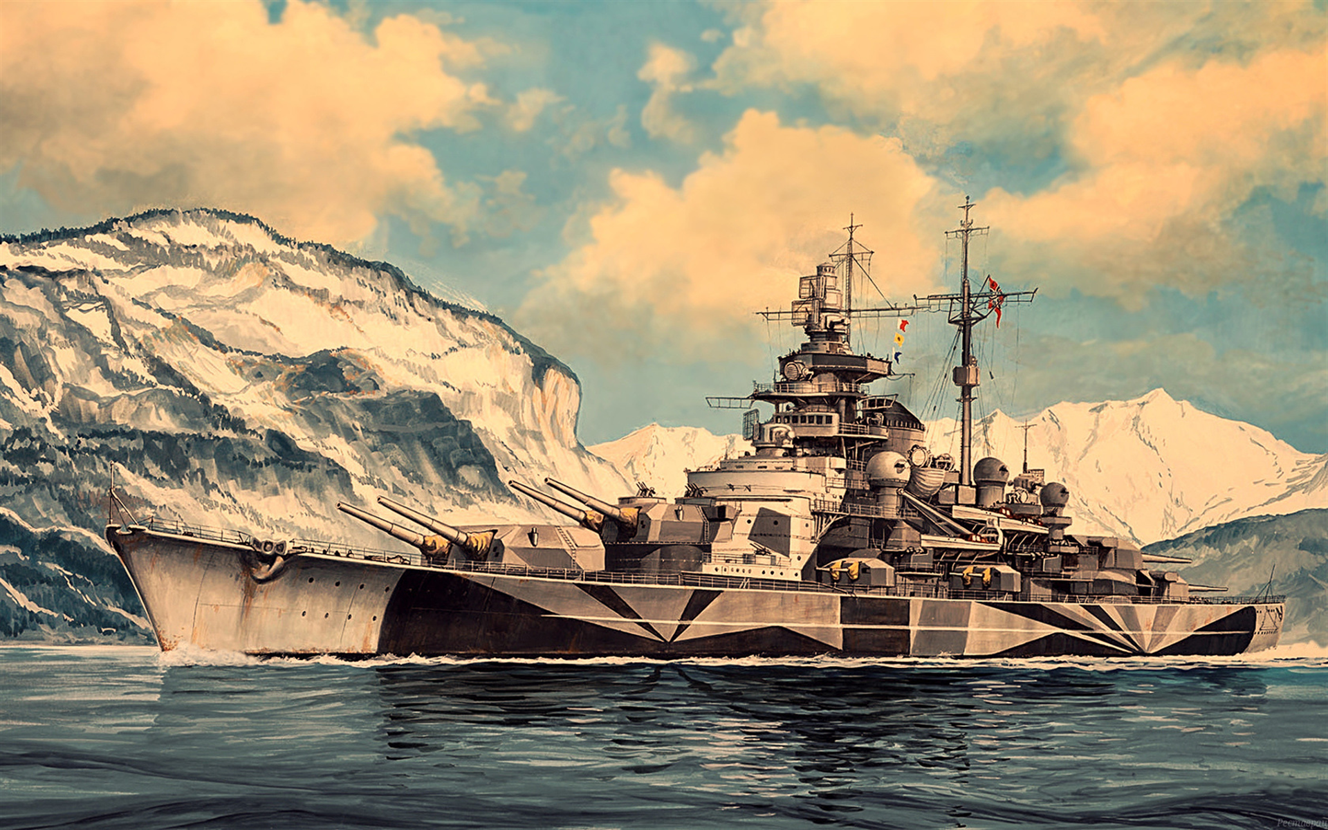 Download wallpaper Tirpitz, WW II, artwork, German battleship Tirpitz, German navy, battleships for desktop with resolution 1920x1200. High Quality HD picture wallpaper