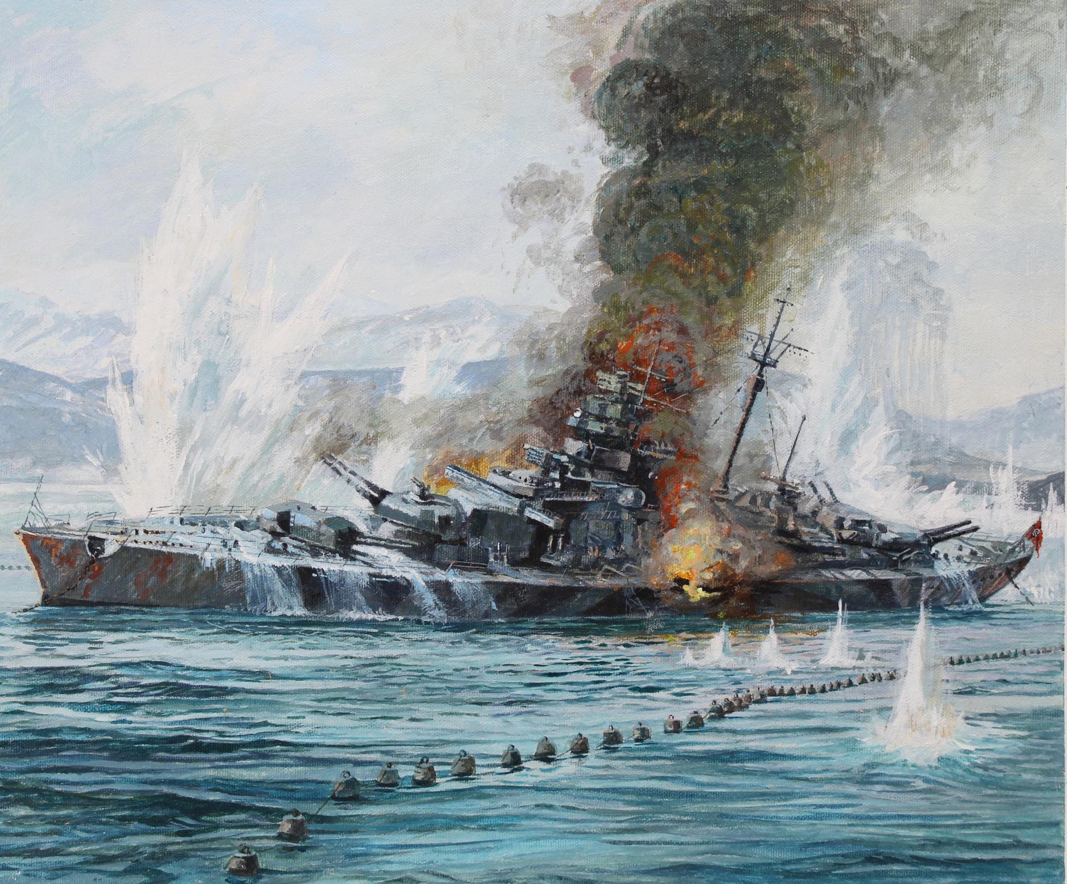 Brian Sanders (B 1937) German Battleship Tirpitz 2021. Helmuth Stone Gallery in FL
