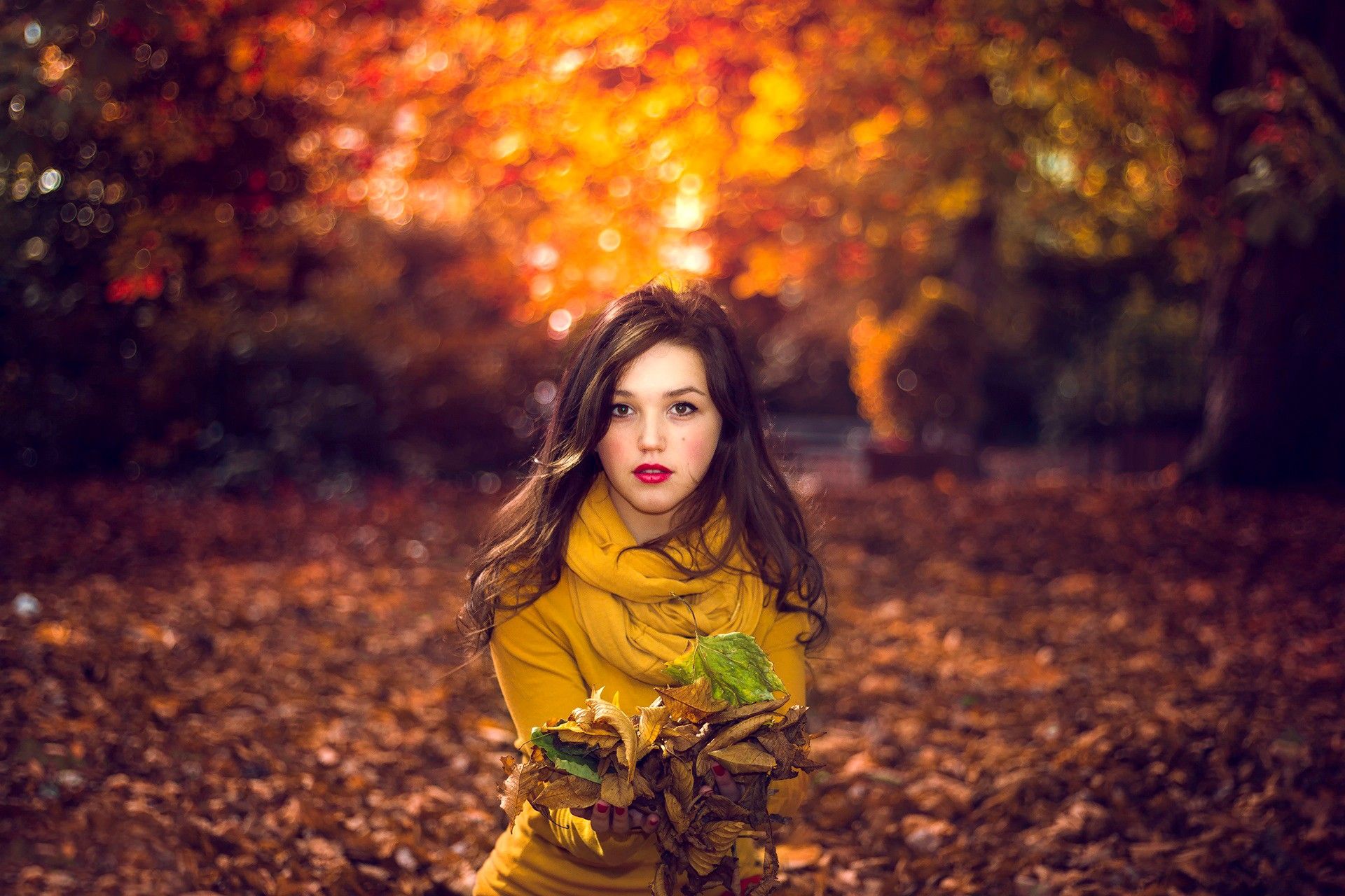 Wallpaper, sunlight, forest, fall, leaves, women outdoors, photography, morning, yellow dress, color, tree, autumn, leaf, flower, plant, beauty, season 1920x1280