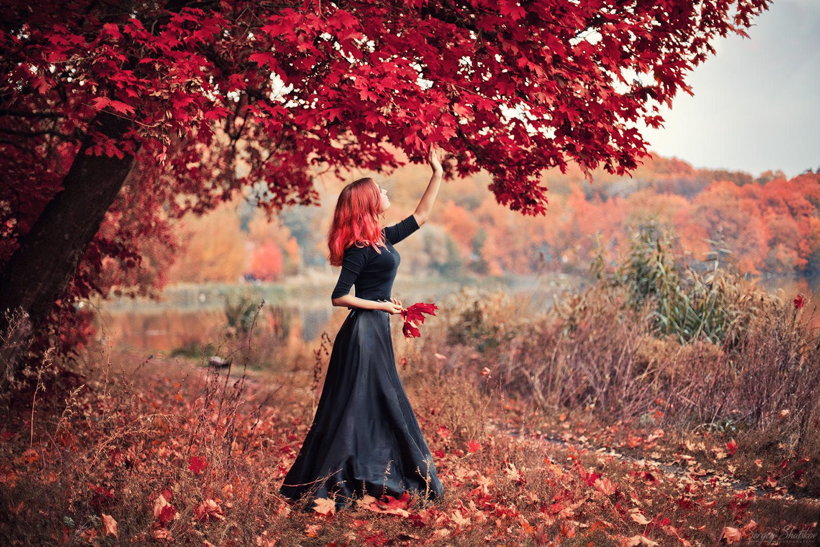 Wallpaper, redhead, women outdoors, trees, leaves, fall, black dress, long hair, standing, Sergey Shatskov 1600x1067