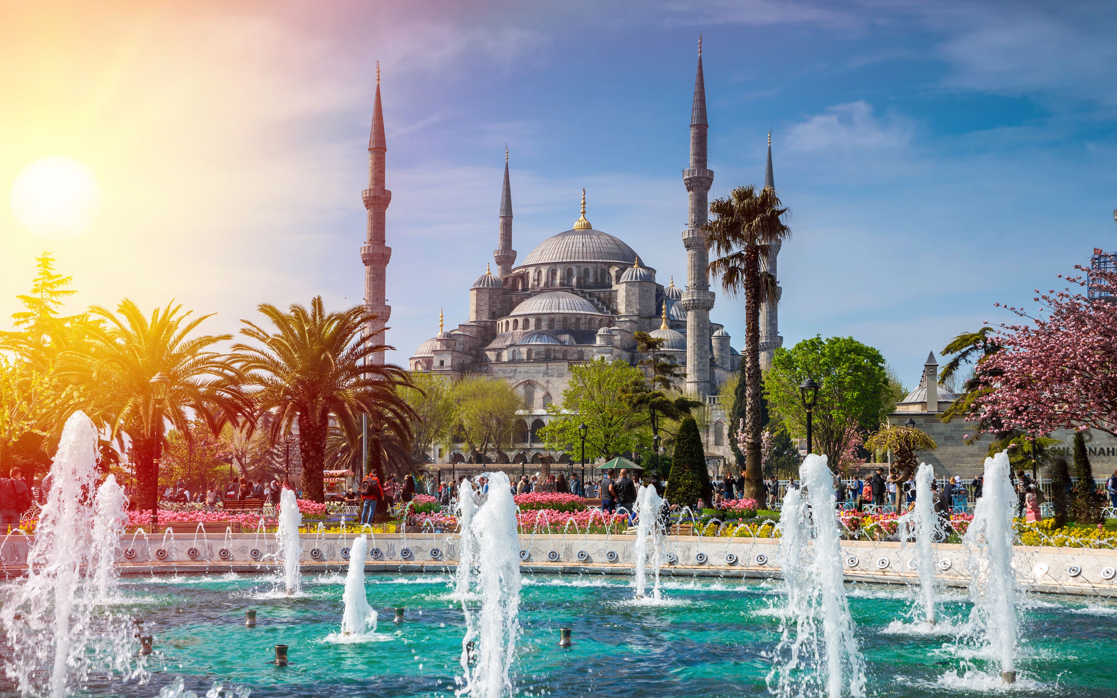 Sultan Ahmet Mosque, 4k, Turkish Landmarks, Fountains, Ahmed Mosque