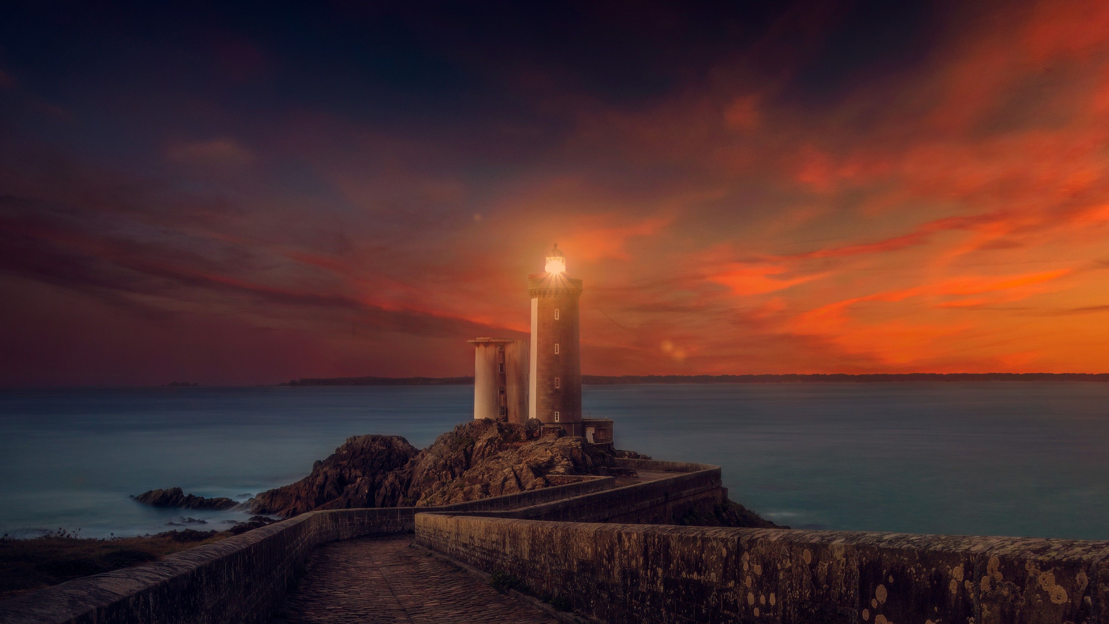 Wallpaper 4k Lighthouse Sunset Scene 4k 5k wallpaper, lighthouse wallpaper, nature wallpaper, sunset wallpaper