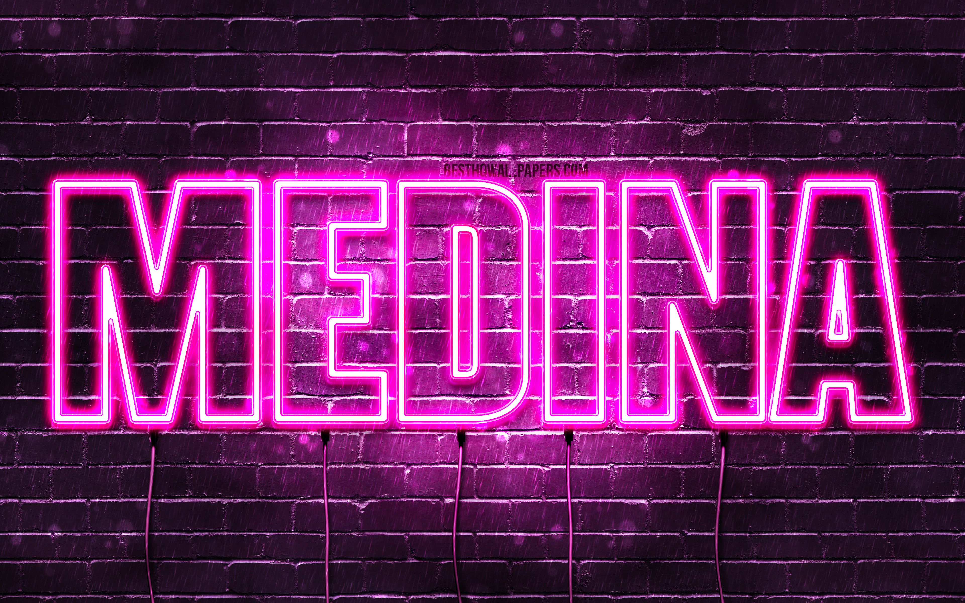 Download wallpaper Medina, 4k, wallpaper with names, female names, Medina name, purple neon lights, Happy Birthday Medina, popular kazakh female names, picture with Medina name for desktop with resolution 3840x2400. High Quality