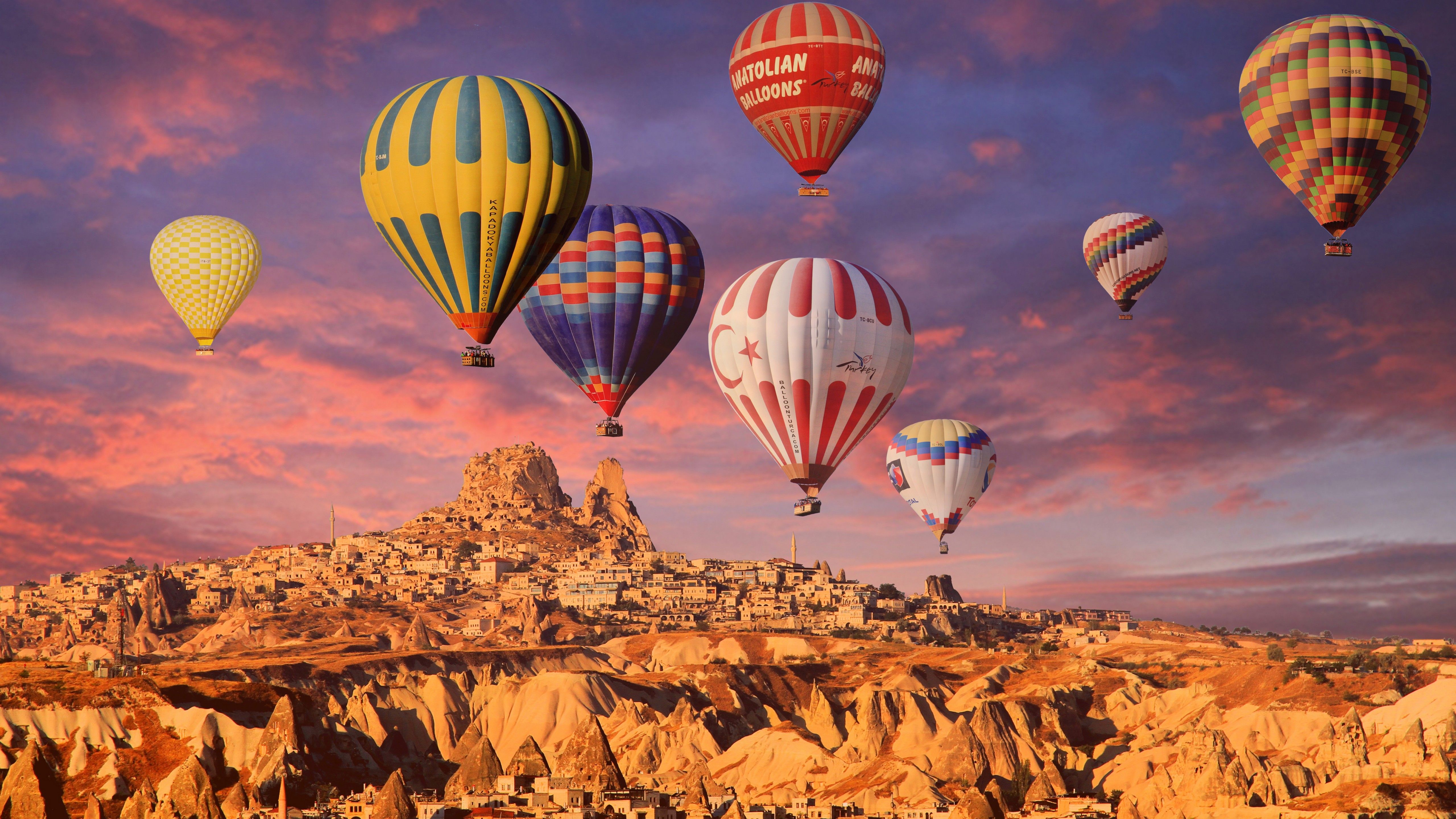 Hot air balloons 4K Wallpaper, Cappadocia, Golden hour, Rock formations, Town, Tourist attraction, World