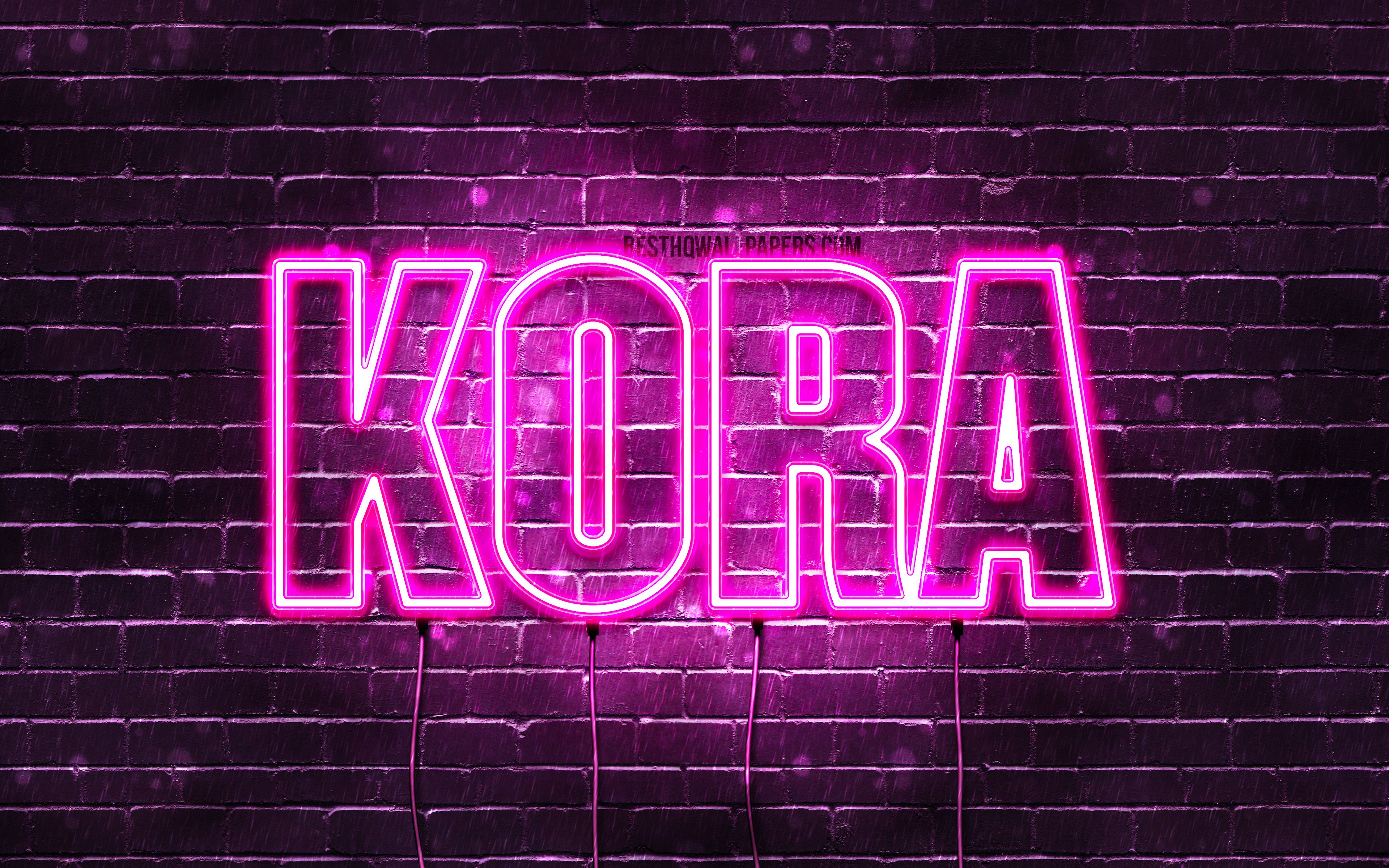 Download wallpaper Kora, 4k, wallpaper with names, female names, Kora name, purple neon lights, horizontal text, picture with Kora name for desktop with resolution 3840x2400. High Quality HD picture wallpaper