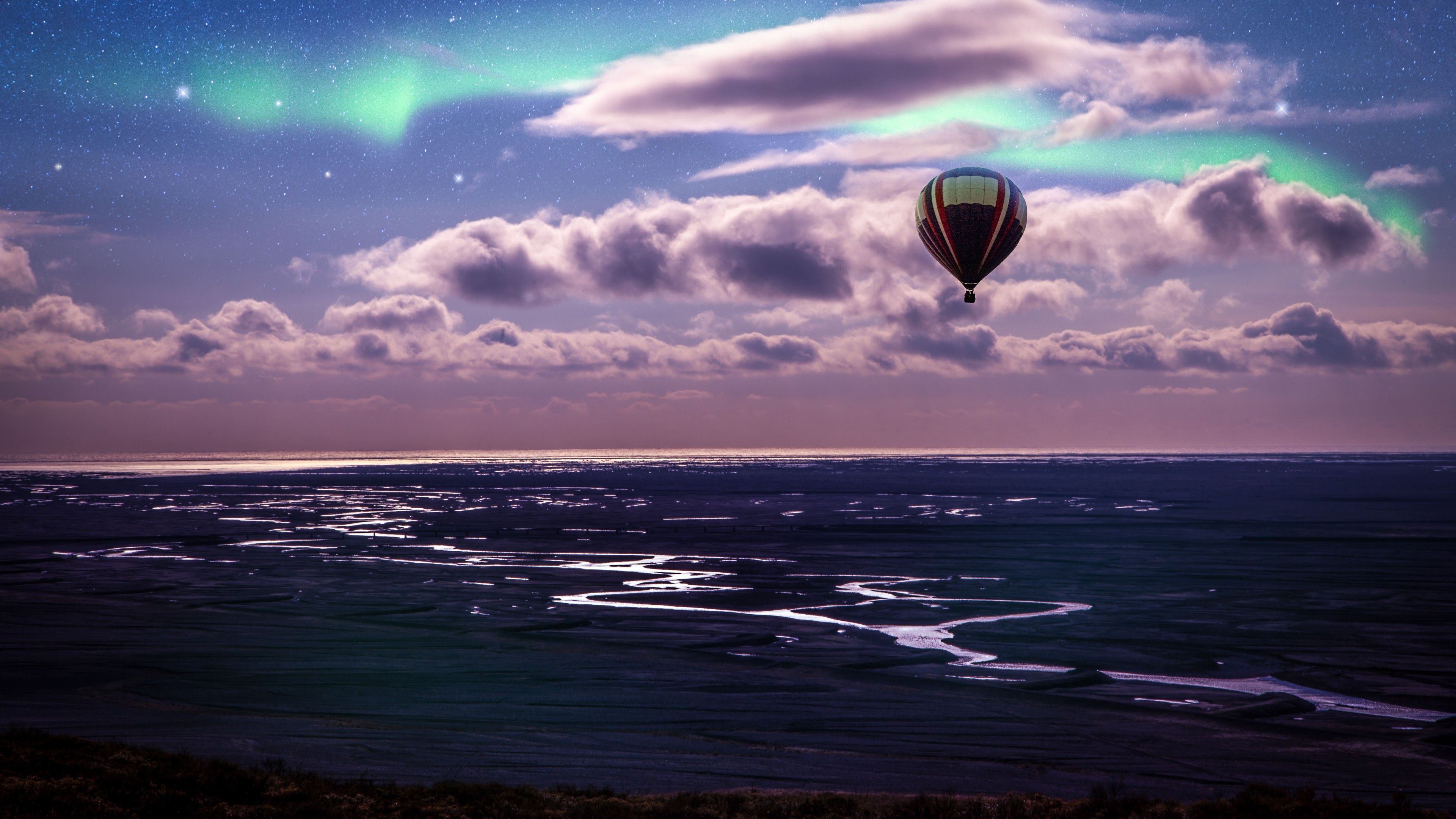Hot air balloon 4K Wallpaper, Aurora Borealis, Northern Lights, Clouds, Landscape, Dusk, Starry sky, 5K, Nature