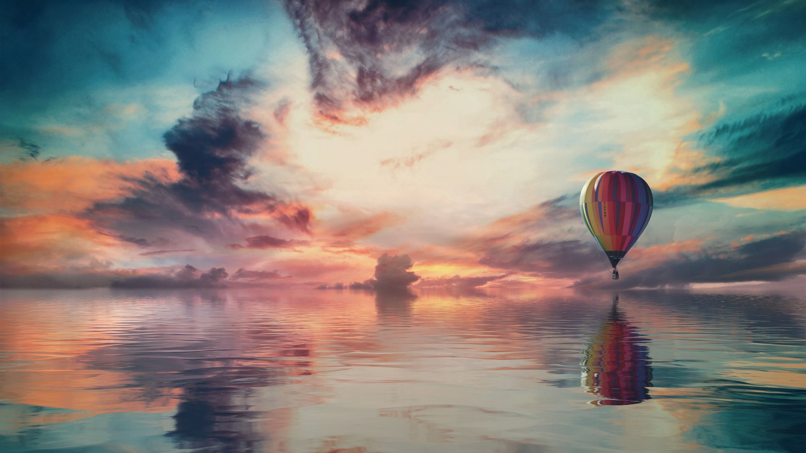 Hot air balloon 4K Wallpaper, Multicolor, Colorful Sky, Water, Reflection, Clouds, Sky view, Aesthetic, Nature