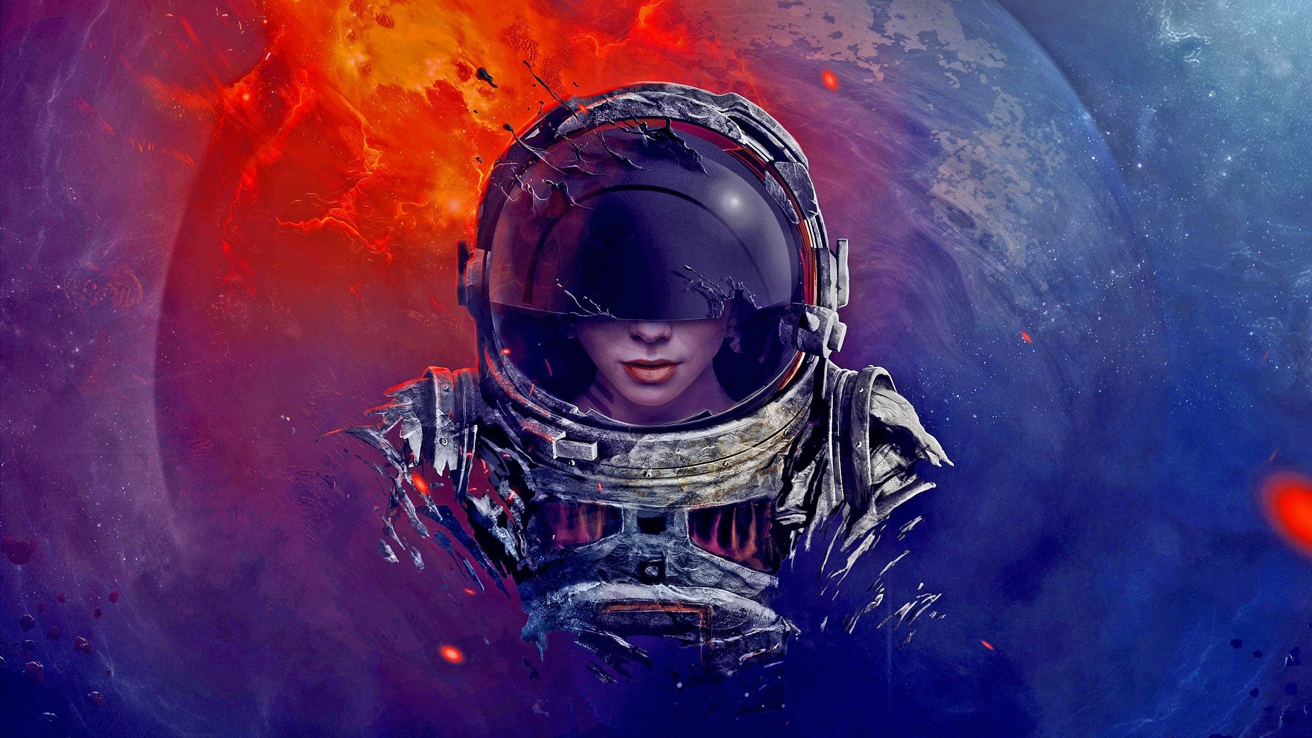 digital Art, Astronaut, Spacesuit, Helmet, Universe, Space, Fire, Women, Rock, Planet, Melting, Galaxy, Nebula, Artwork Wallpaper HD / Desktop and Mobile Background