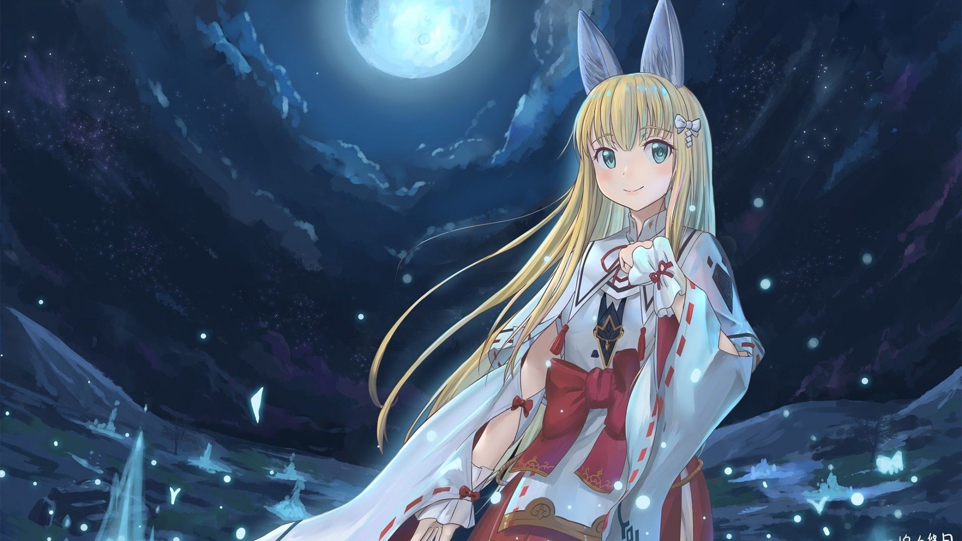 Anime Fox Girl, Moonlight, Animal Ears, Cute, Blonde, Anime Fox Girl