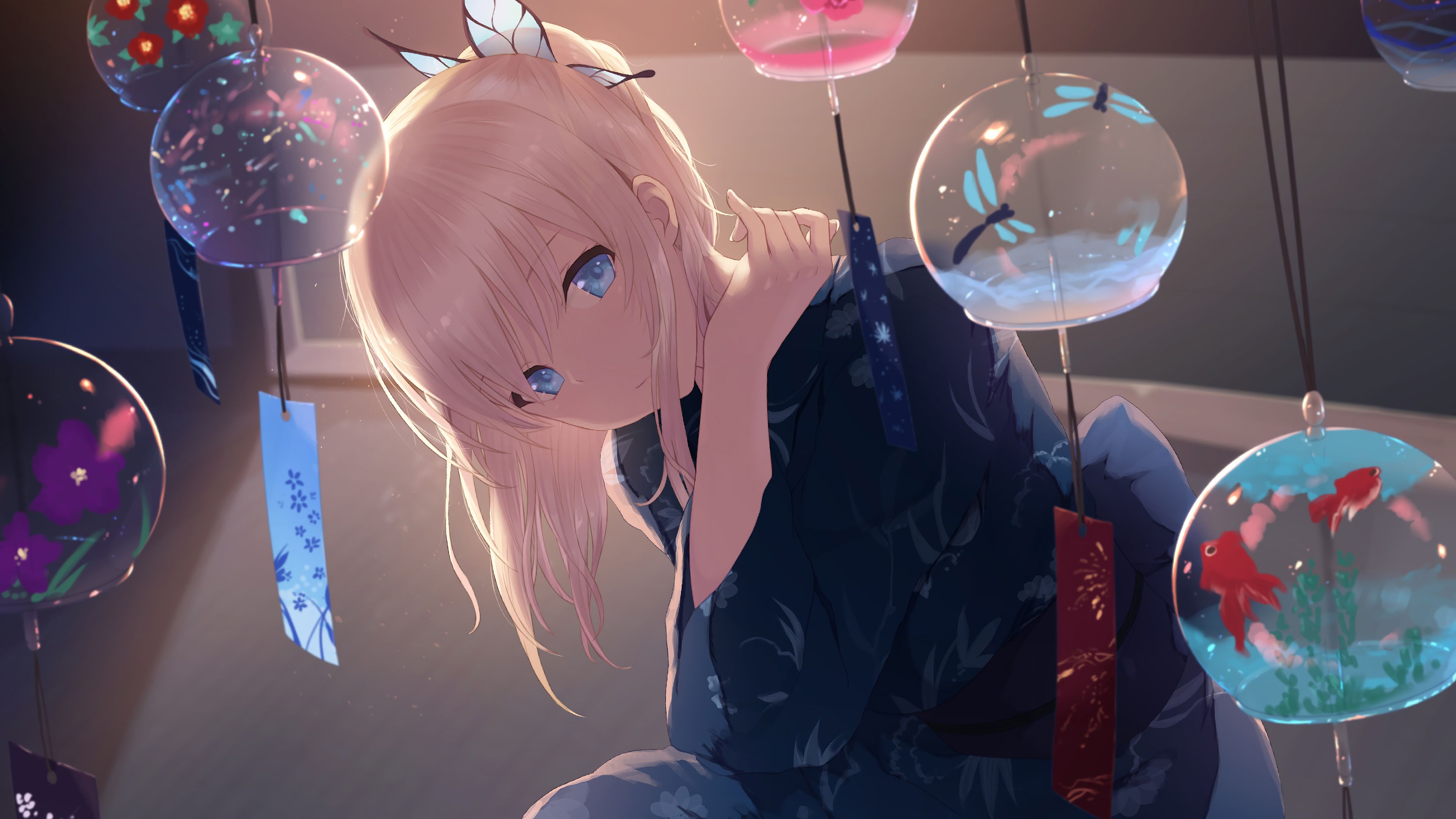 Anime, Girl, Blonde, Kimono, 4K wallpaper HD Wallpaper