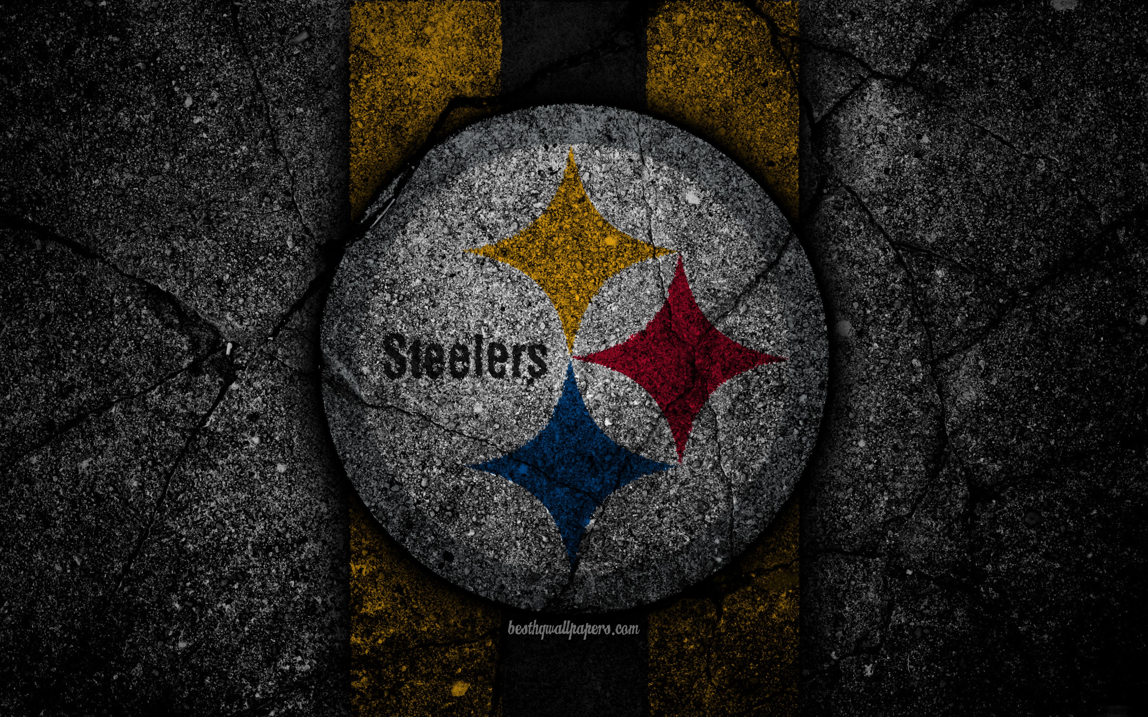 Download wallpaper 4k, Pittsburgh Steelers, logo, black stone, NFL, american football, USA, asphalt texture, National Football League, American Conference for desktop with resolution 3840x2400. High Quality HD picture wallpaper