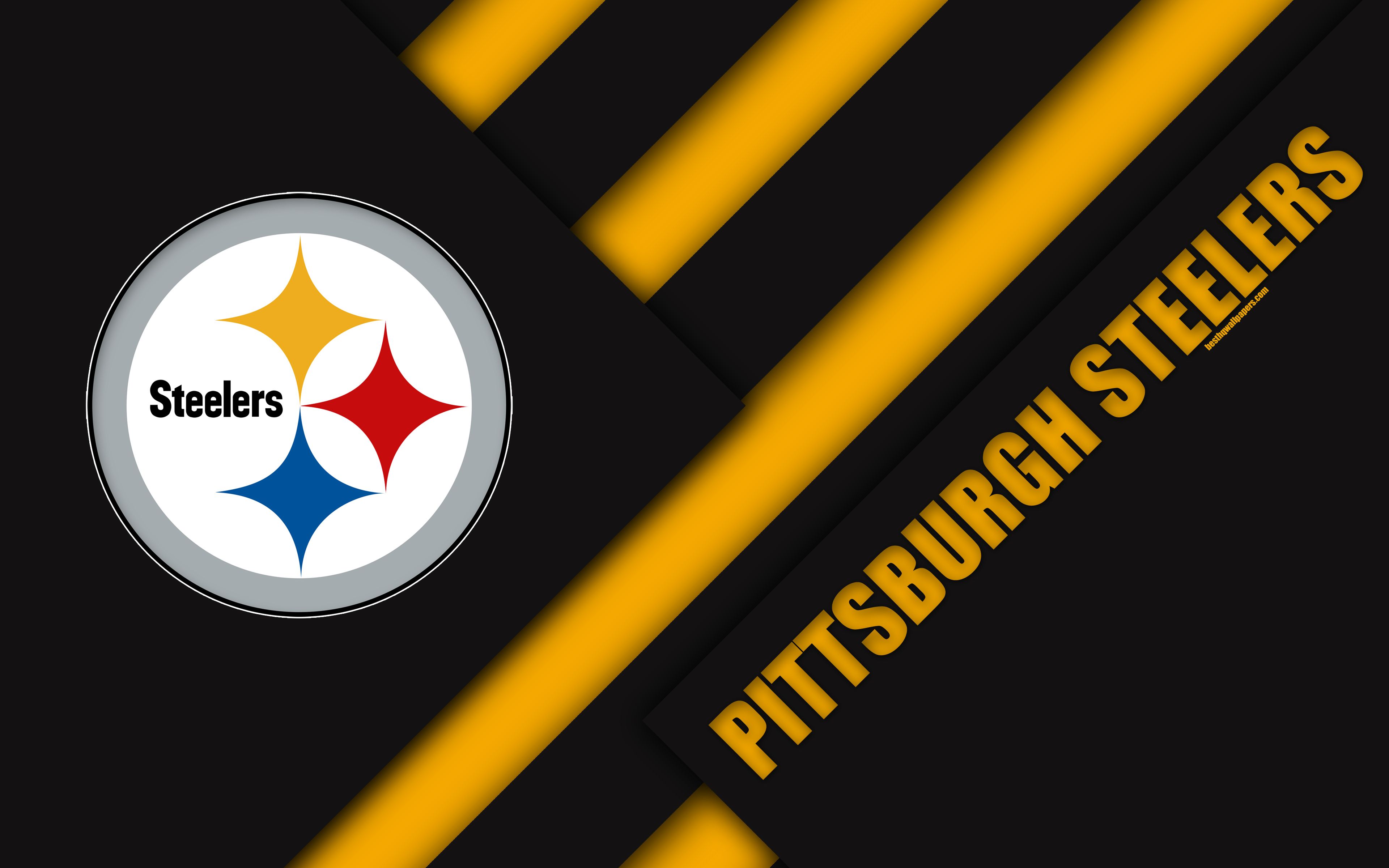 Download wallpaper Pittsburgh Steelers, 4k, AFC North, logo, NFL, black yellow abstraction, material design, American football, Pittsburgh, Pennsylvania, USA, National Football League for desktop with resolution 3840x2400. High Quality HD picture