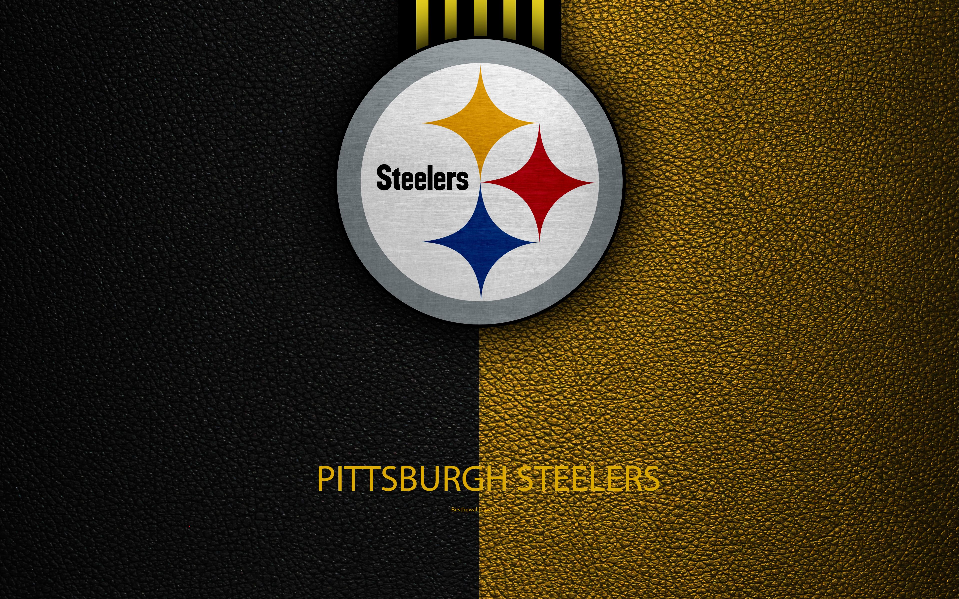 Download wallpaper Pittsburgh Steelers, 4K, American football, logo, leather texture, Pittsburgh, Pennsylvania, USA, emblem, NFL, National Football League, Northern Division for desktop with resolution 3840x2400. High Quality HD picture wallpaper