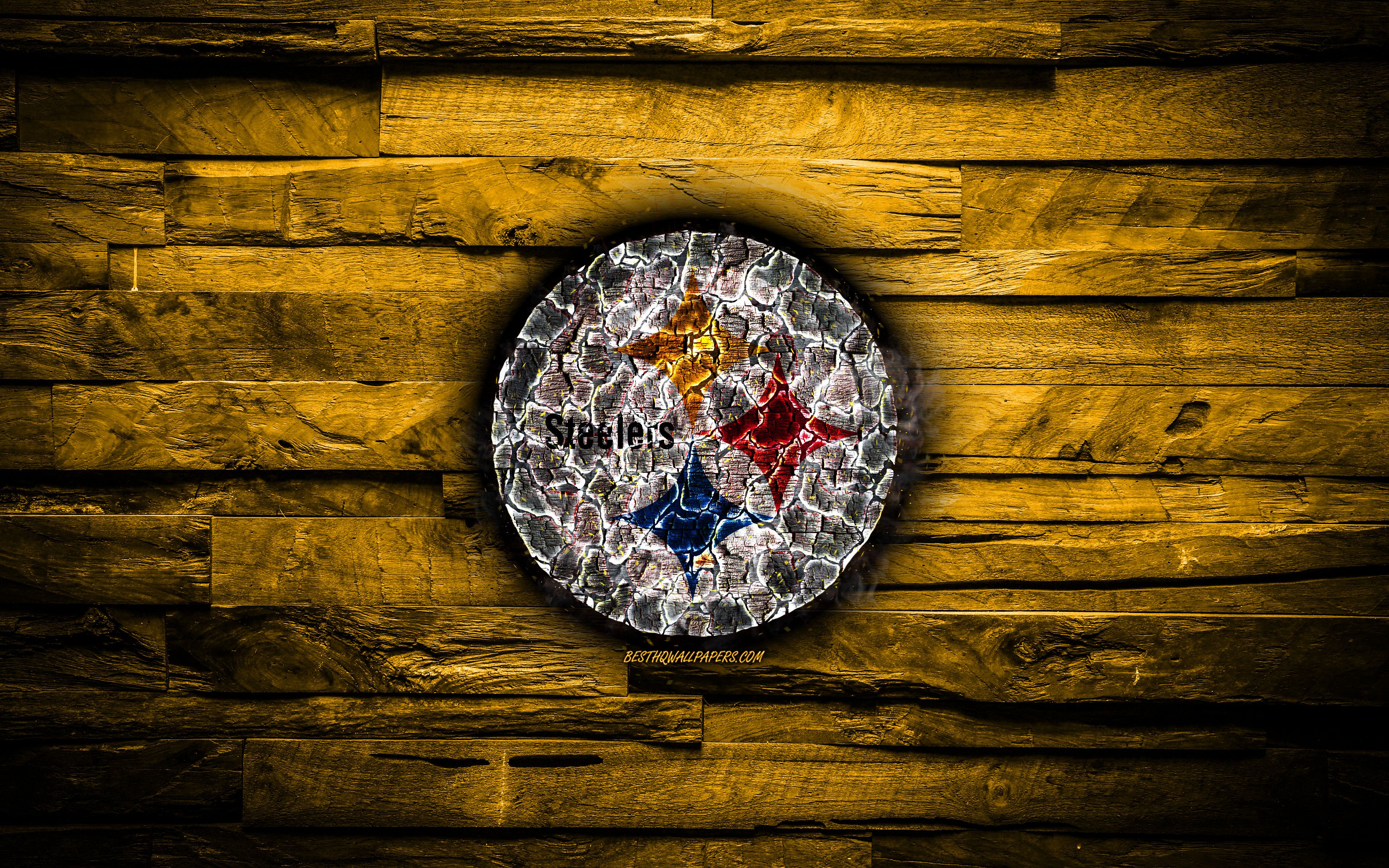 Download wallpaper Pittsburgh Steelers, 4k, scorched logo, NFL, yellow wooden background, american baseball team, American Football Conference, grunge, baseball, Pittsburgh Steelers logo, fire texture, USA, AFC for desktop with resolution 3840x2400. High