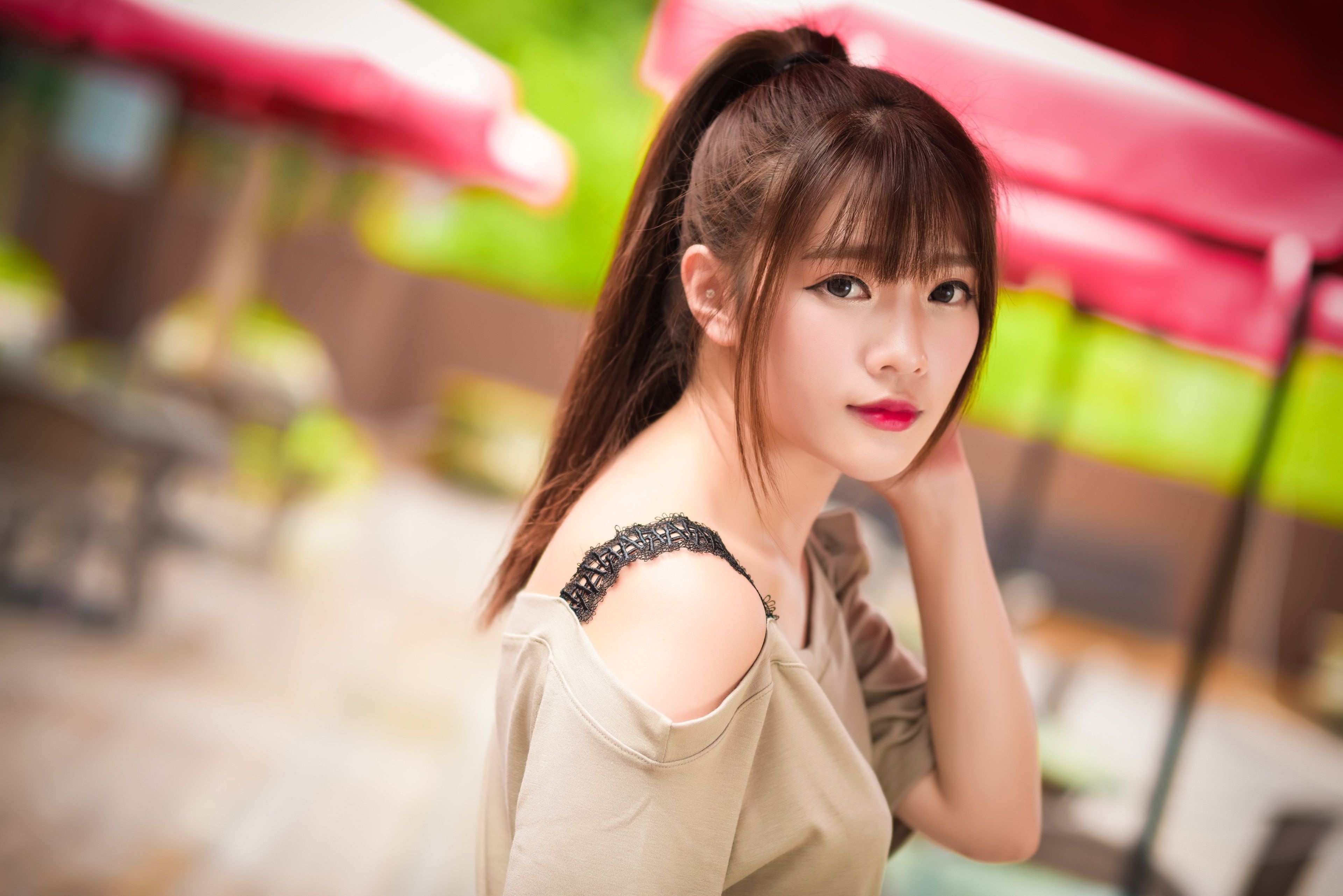 Picture Brown haired Bokeh Hair female Asiatic Staring 3840x2563
