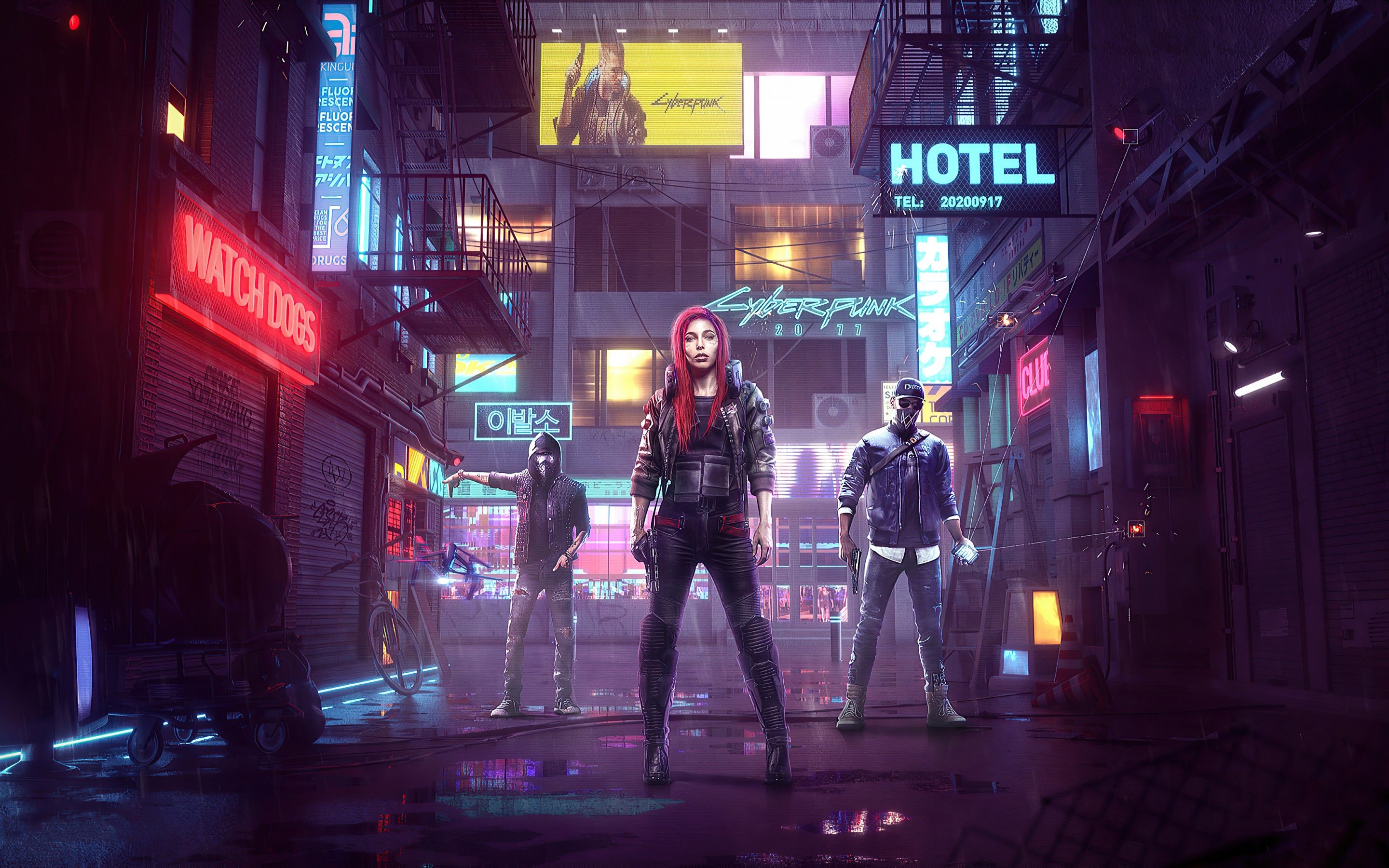 Cyberpunk 2077 4K Wallpaper, Watch Dogs, Crossover, Aiden Pearce, Marcus Holloway, Female V, Games