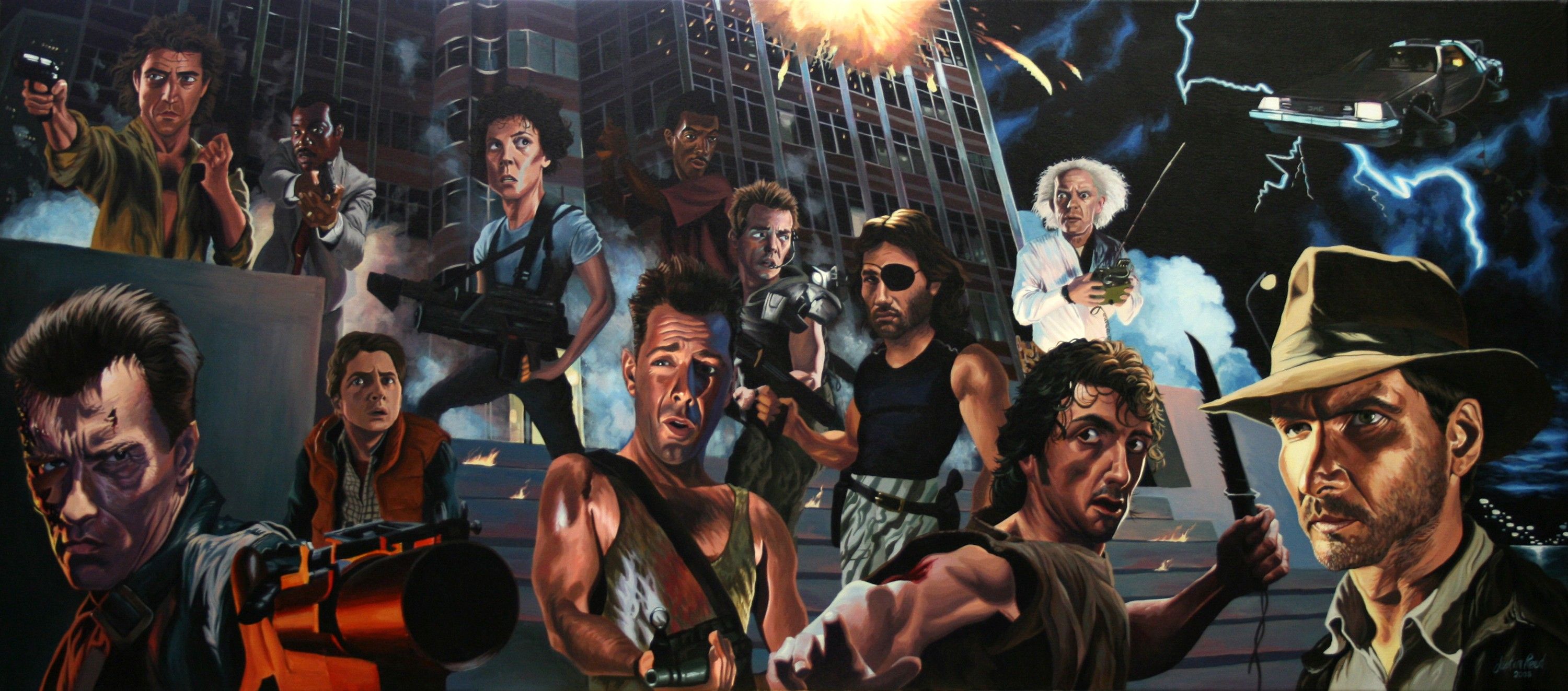 movies, Indiana Jones, Back to the Future, Die Hard, artwork, Snake Plissken, Rambo, Aliens, beverly hills cop wallpaper