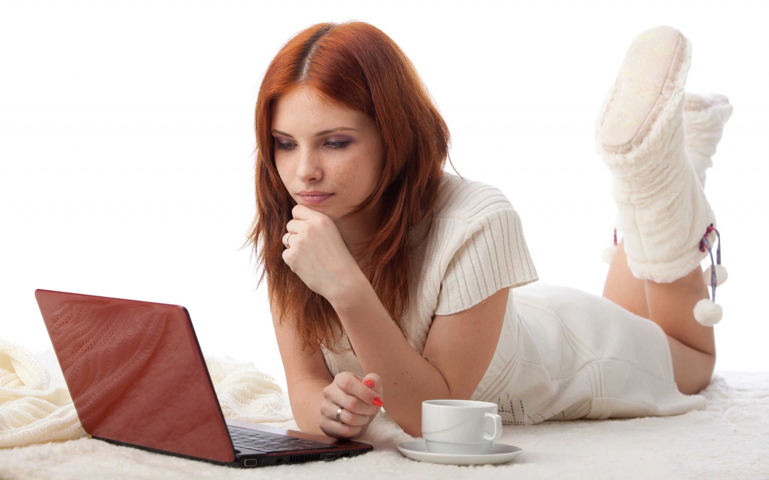 women, computers, redheads, cups, laptops wallpaper