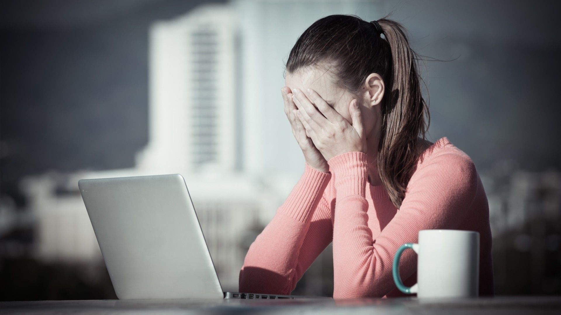 Wallpaper, white, women, model, portrait, red, sitting, photography, ponytail, cup, laptop, emotion, tired, beauty, photograph, conversation, human positions 1920x1080